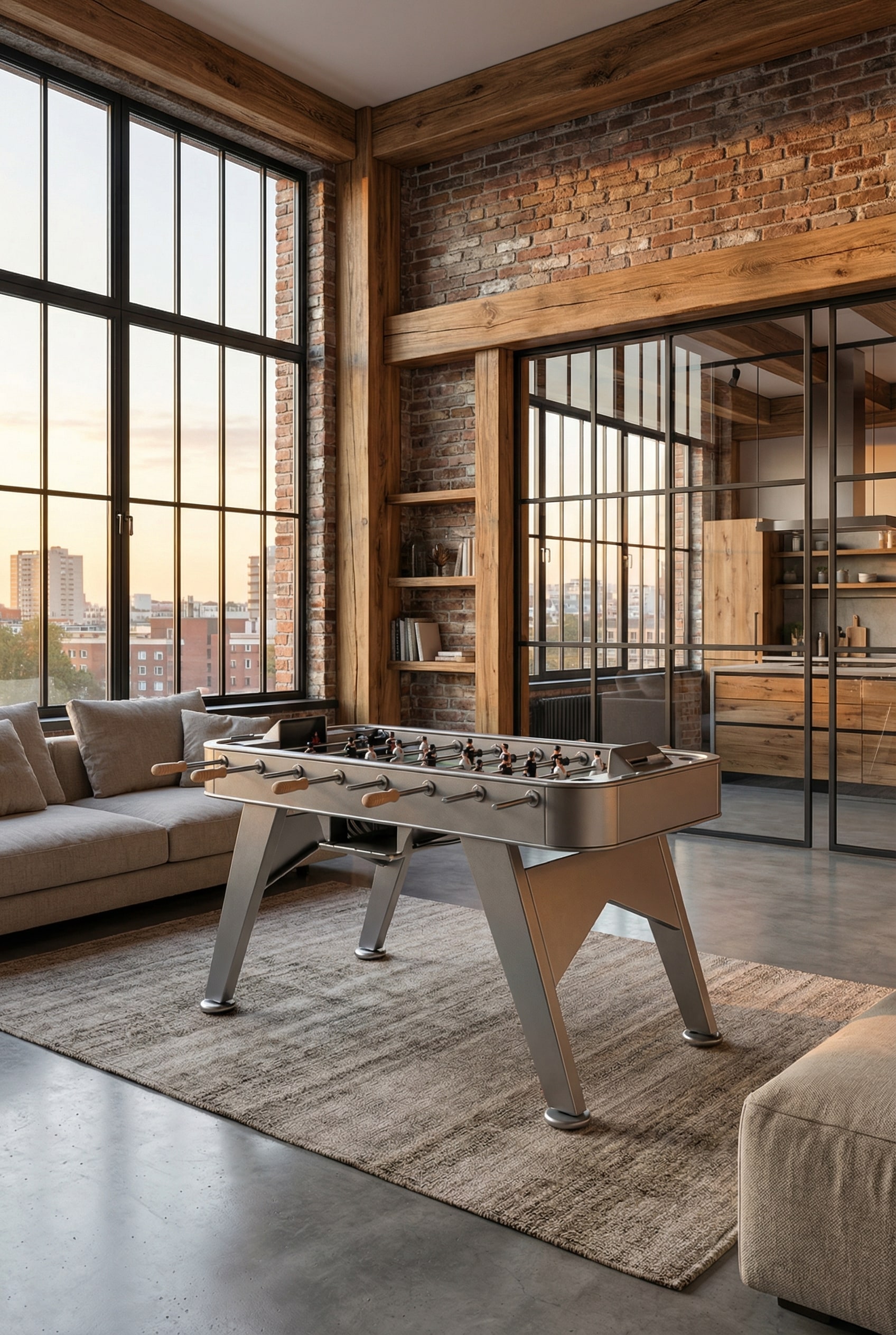Robusto calcio balilla in acciaio inossidabile in un elegante loft industriale con muratura a vista e grandi finestre da fabbrica.