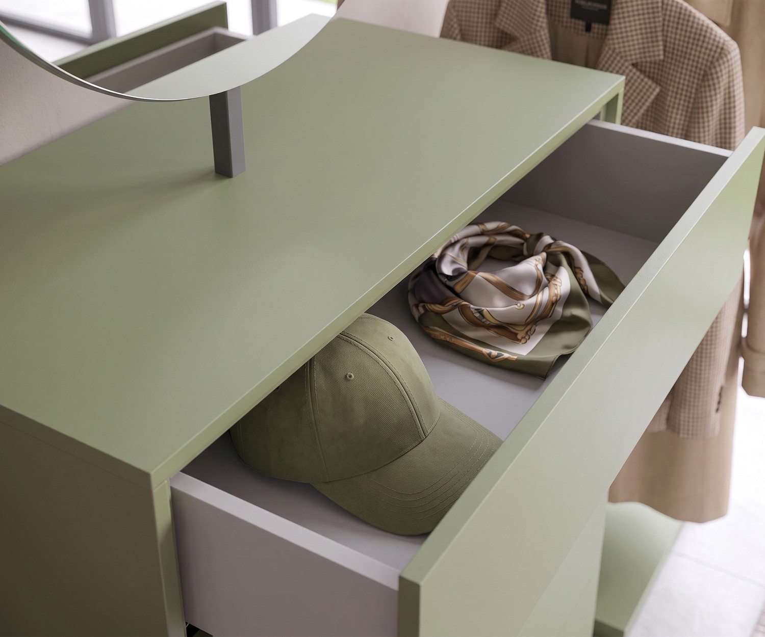 Cassettiera di design Novamobili Easy 9: Cassetto verde aperto per riporre accessori in un ingresso o camera da letto.