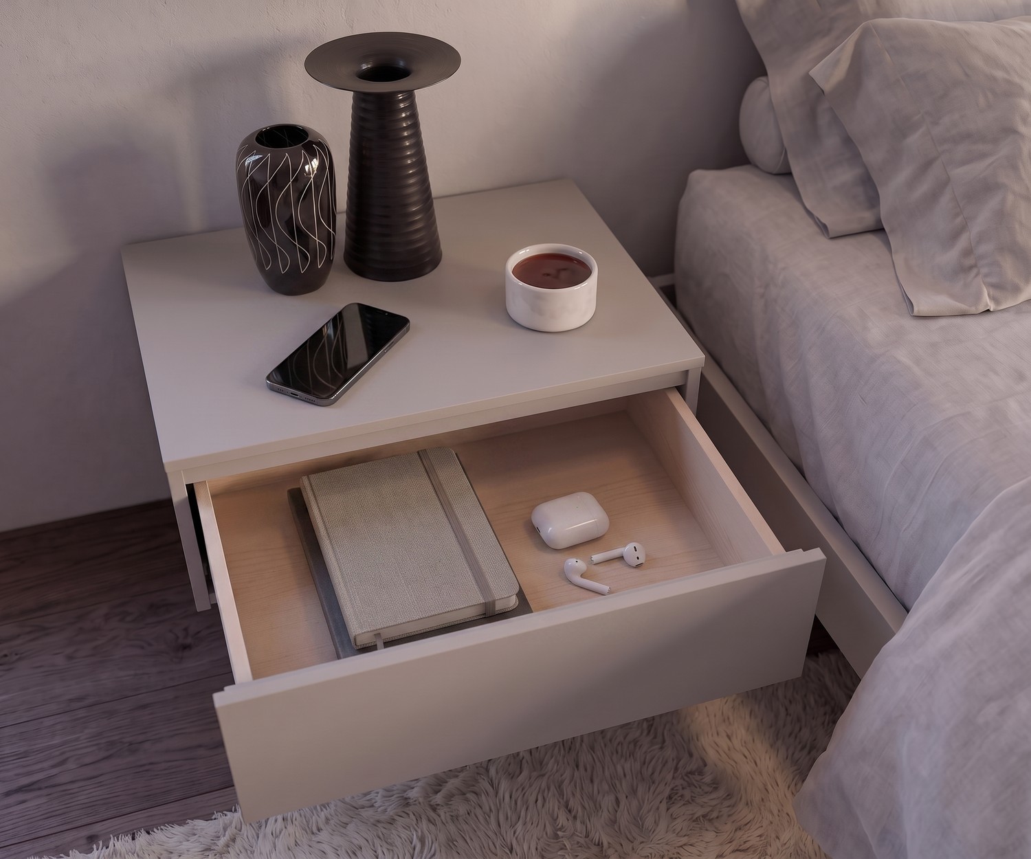 Comodino Novamobili Easy 1 con cassetto Comodino Novamobili Easy 1 con cassetto aperto accanto al letto, comodino moderno senza maniglie grigio chiaro