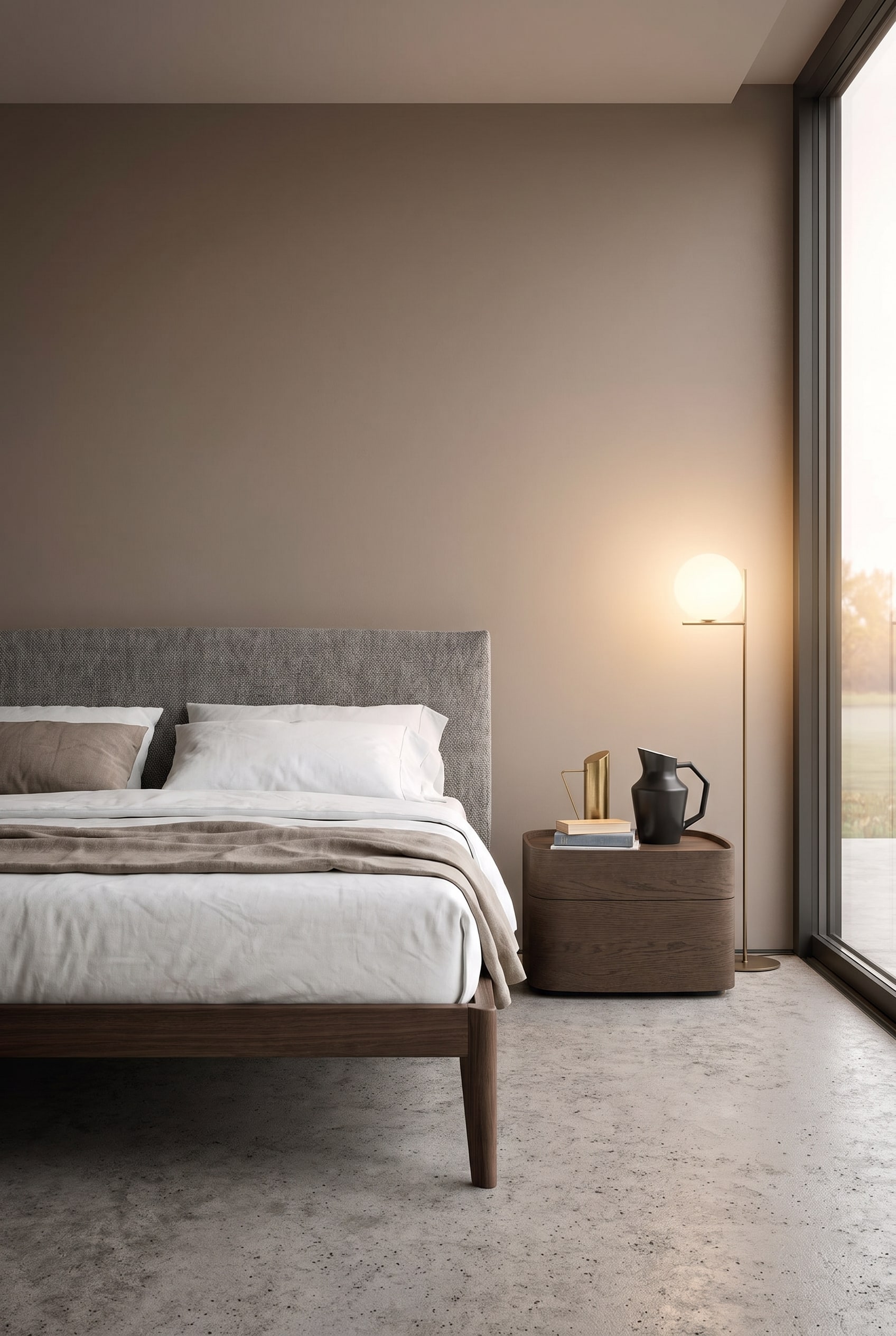 Minimalistisches Schlafzimmer mit dunklen Holzmöbeln Minimalistisches Schlafzimmer mit dunklen Holzmöbeln