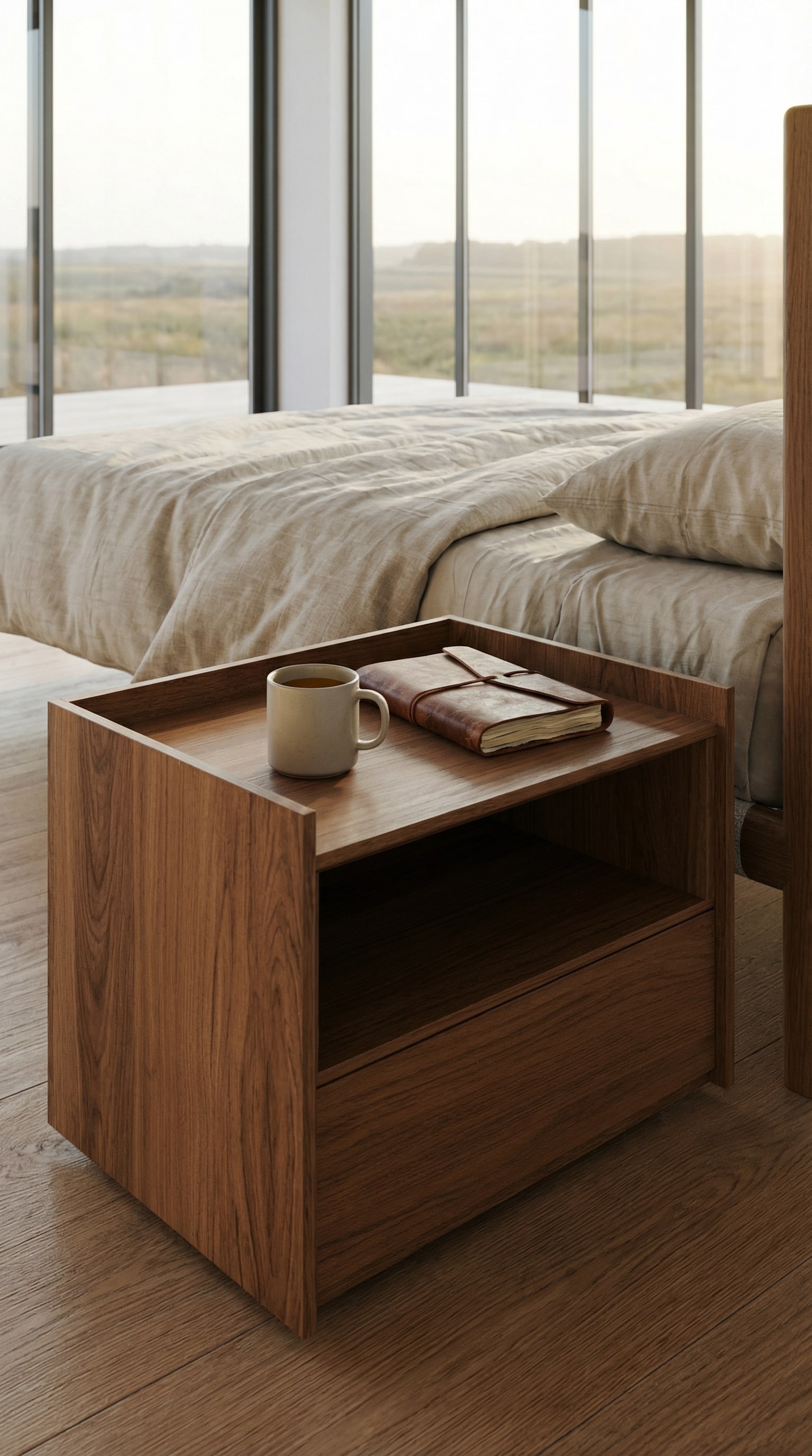 Un caldo comodino Novamobili in legno in una moderna camera da letto senza tecnologia