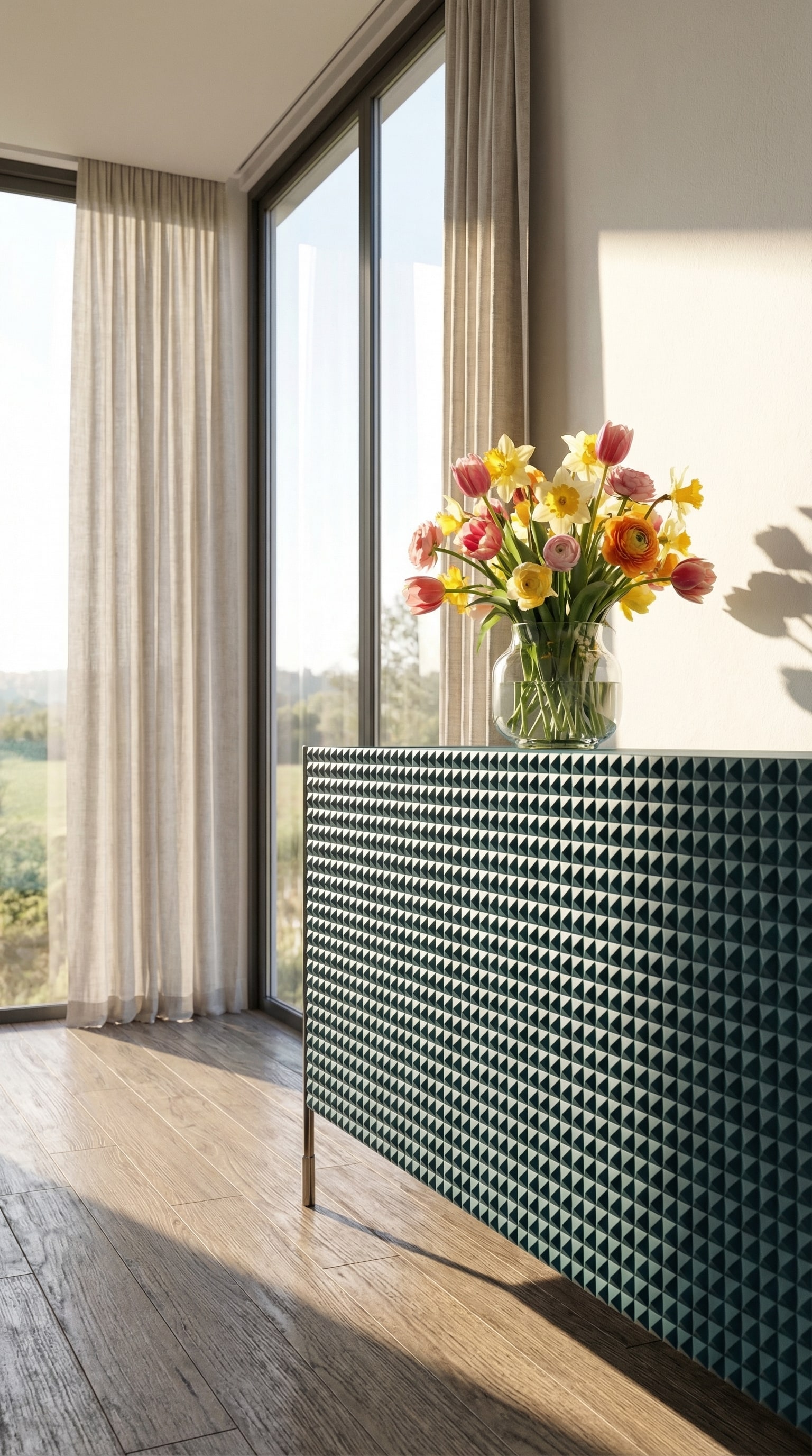 Soggiorno moderno in primavera con una credenza turchese con struttura piramidale 3D davanti a grandi finestre.