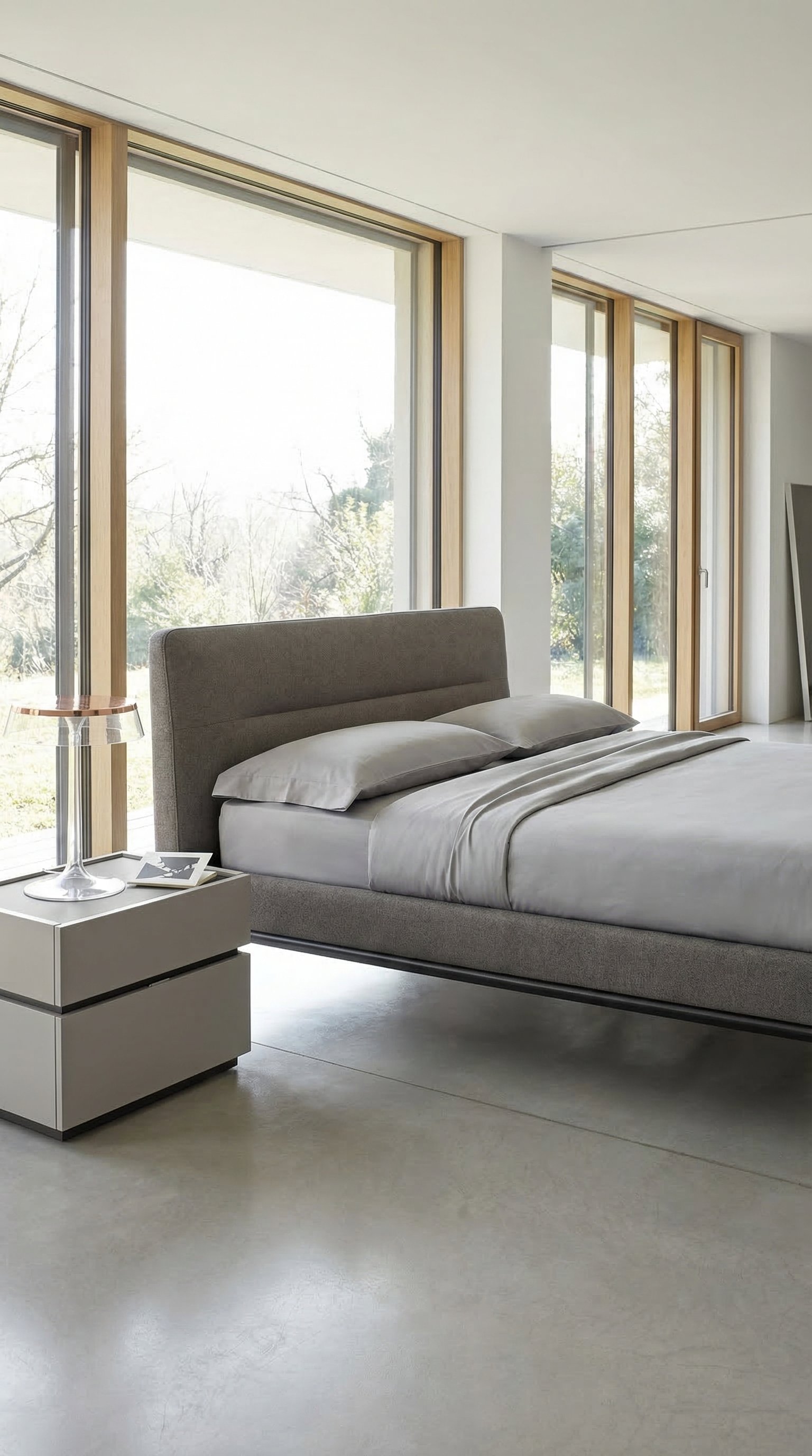 Camera da letto scandinava minimalista con copripiumino grigio liscio