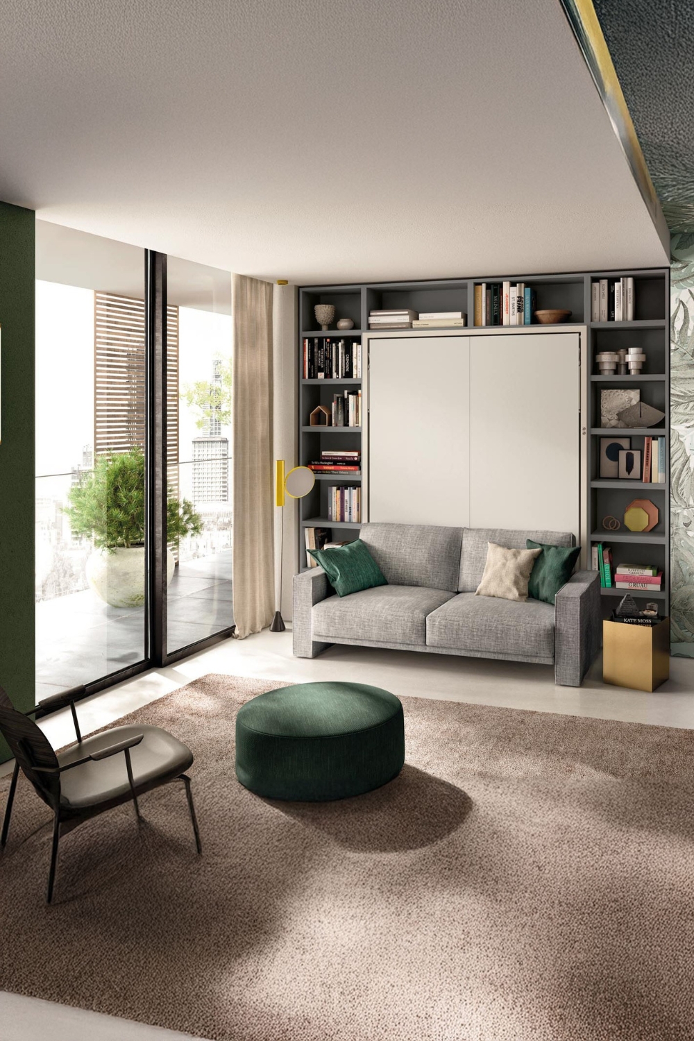 scaffale-a-parete-con-divano-grigio-e-letto-pieghevole-a-scomparsa