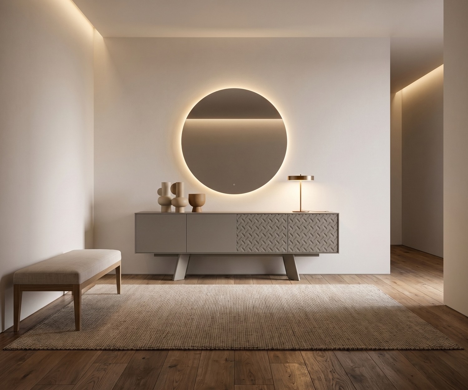 Madia Alhambra 003 di al2 per soggiorno e ingresso. Credenza grigia minimalista con ante lavorate effetto metallo.