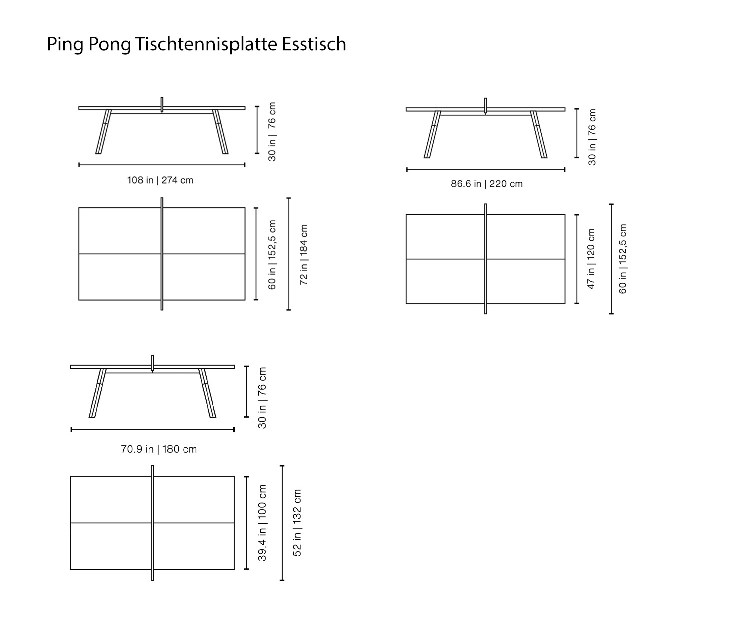 Tavolo da pranzo di design Tavolo da ping pong da RS Barcelona Schizzo Dimensioni Dimensioni Dimensioni