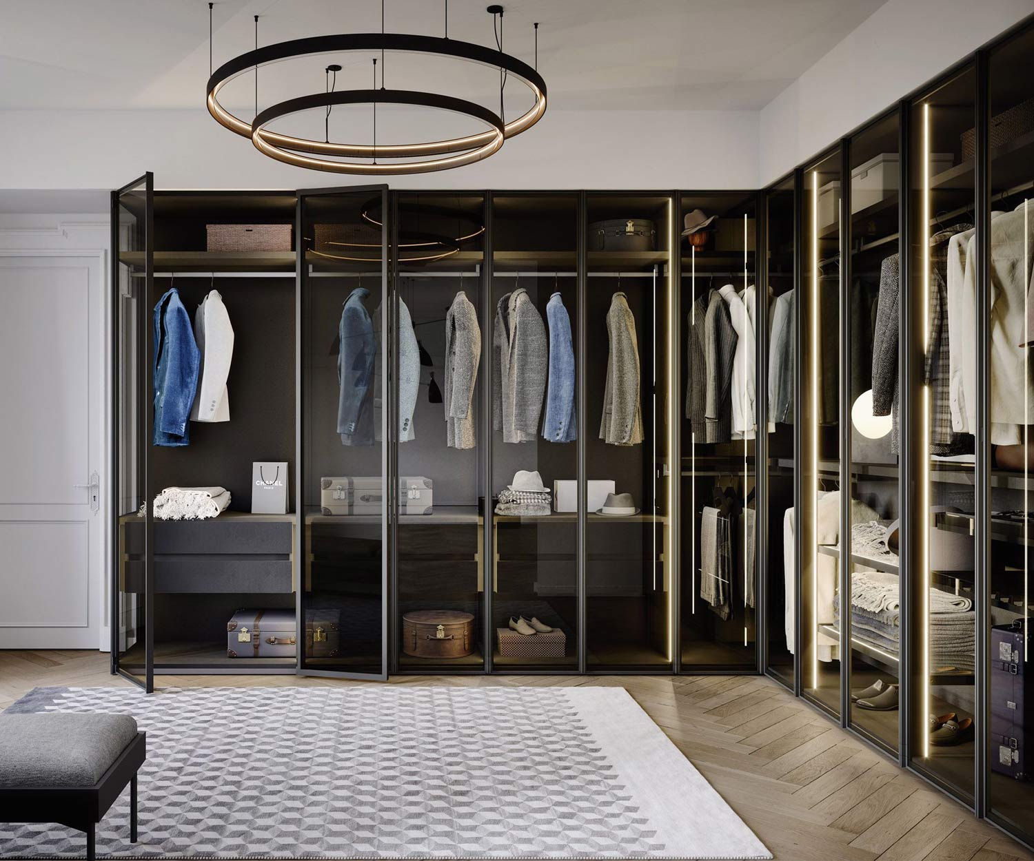 Spogliatoio di lusso con porte in vetro Illuminazione Spogliatoio di lusso con porte in vetro Illuminazione