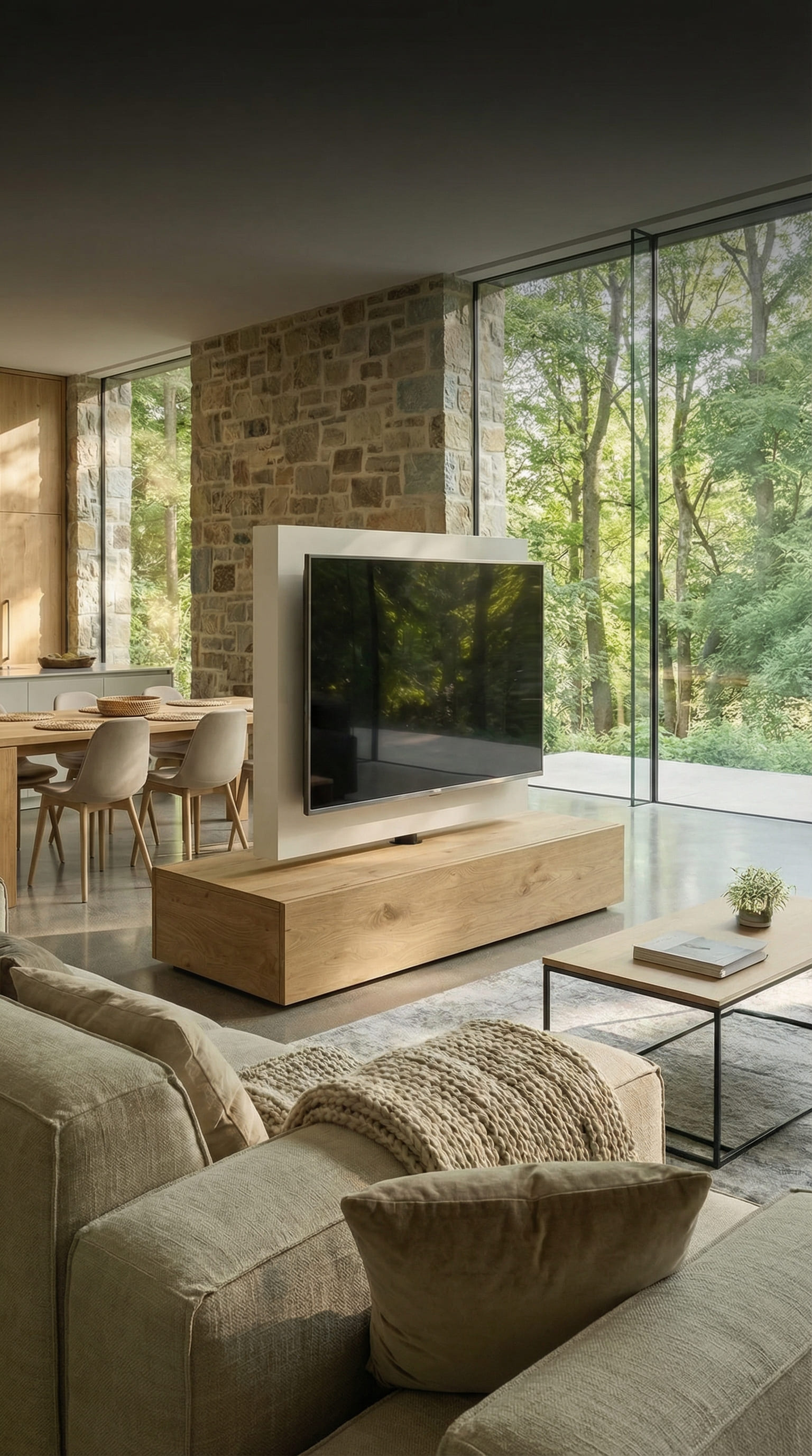 Divisorio Roto TV autoportante e girevole in un loft aperto con vista sul verde Divisorio Roto TV autoportante e girevole in un loft aperto con vista sul verde