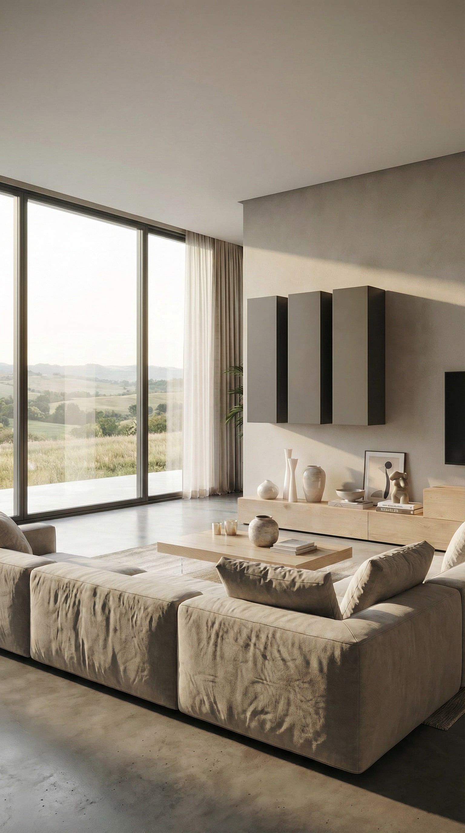 Parete attrezzata moderna in stile rustico con frontali scuri opachi e accenti in legno nel soggiorno
