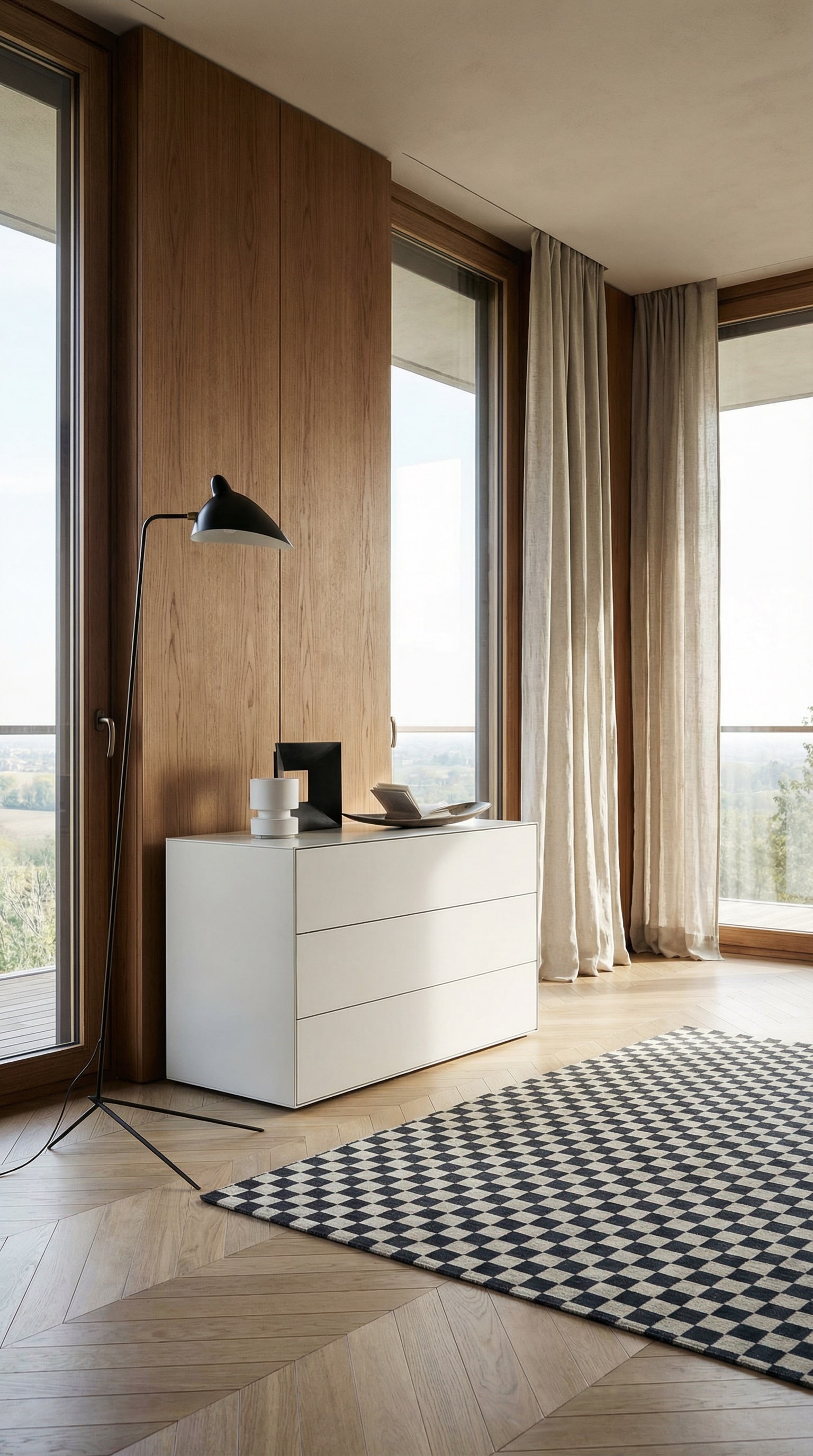 Primo piano di un cassetto aperto di una cassettiera di design, che mostra la raffinata giunzione a 45 gradi e l'assottigliamento del bordo frontale a 4 millimetri.