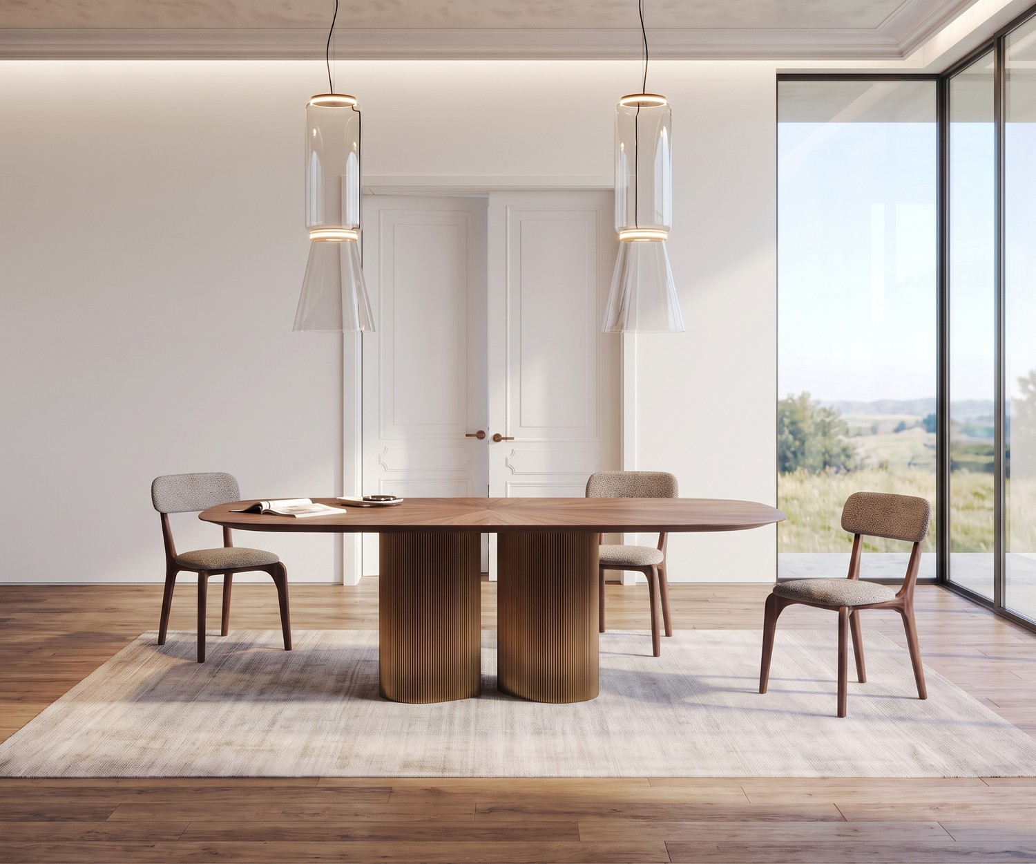 Tavolo da pranzo ovale al2 dakry b 001 in legno con basamento metallico cannettato in una sala da pranzo moderna.