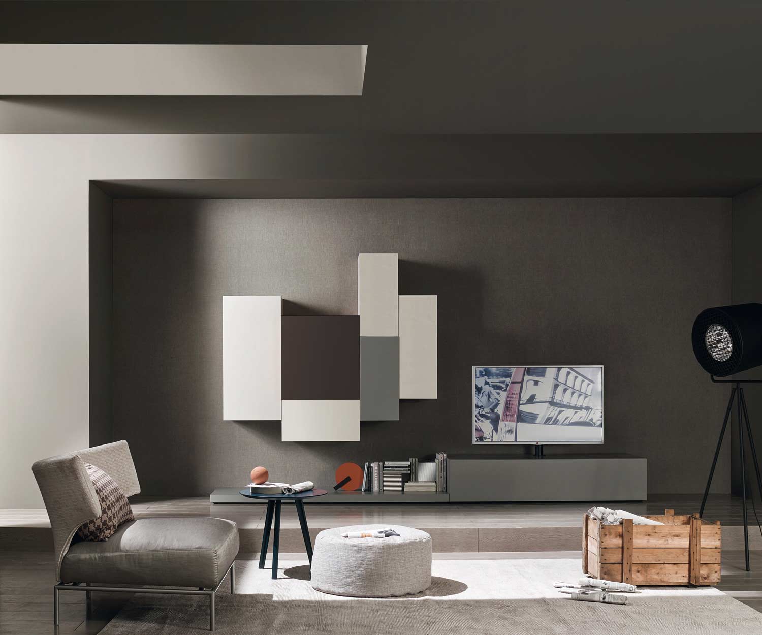 Pareti attrezzate design soggiorno moderno grigio in varie altezze Pareti attrezzate design soggiorno moderno grigio in varie altezze