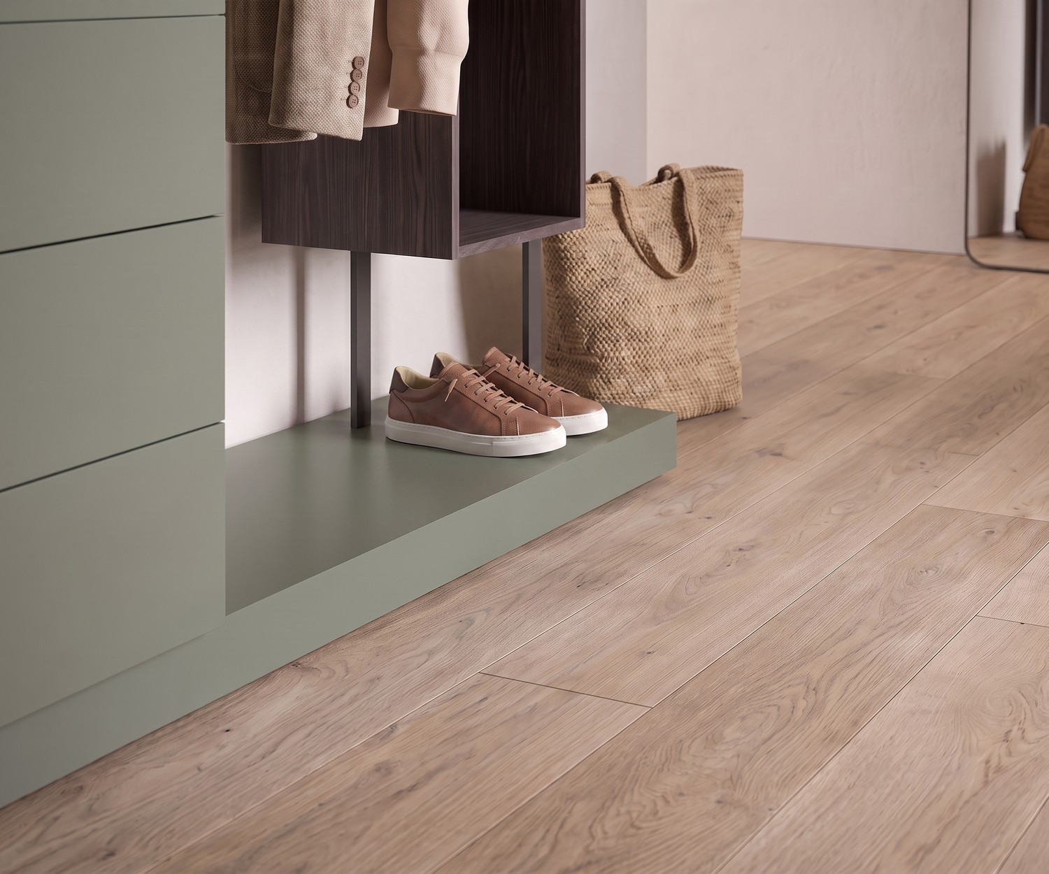 Cassettiera con appendiabiti Novamobili Easy 4 per ingresso, modulo di design verde con vano in legno e porta scarpe.