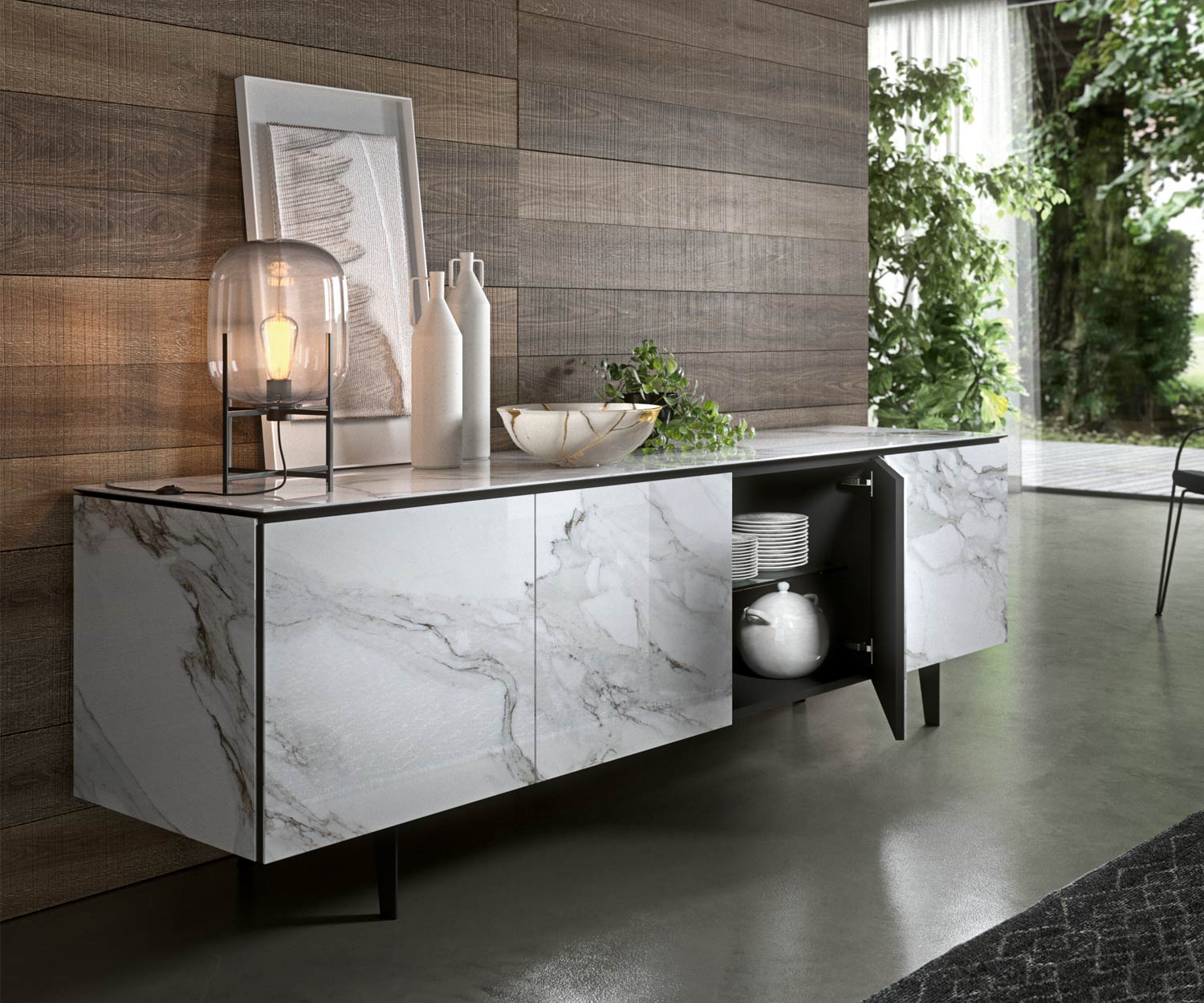 Credenza di design in ceramica con ripiano in vetro aperto Credenza di design in ceramica con ripiano in vetro aperto