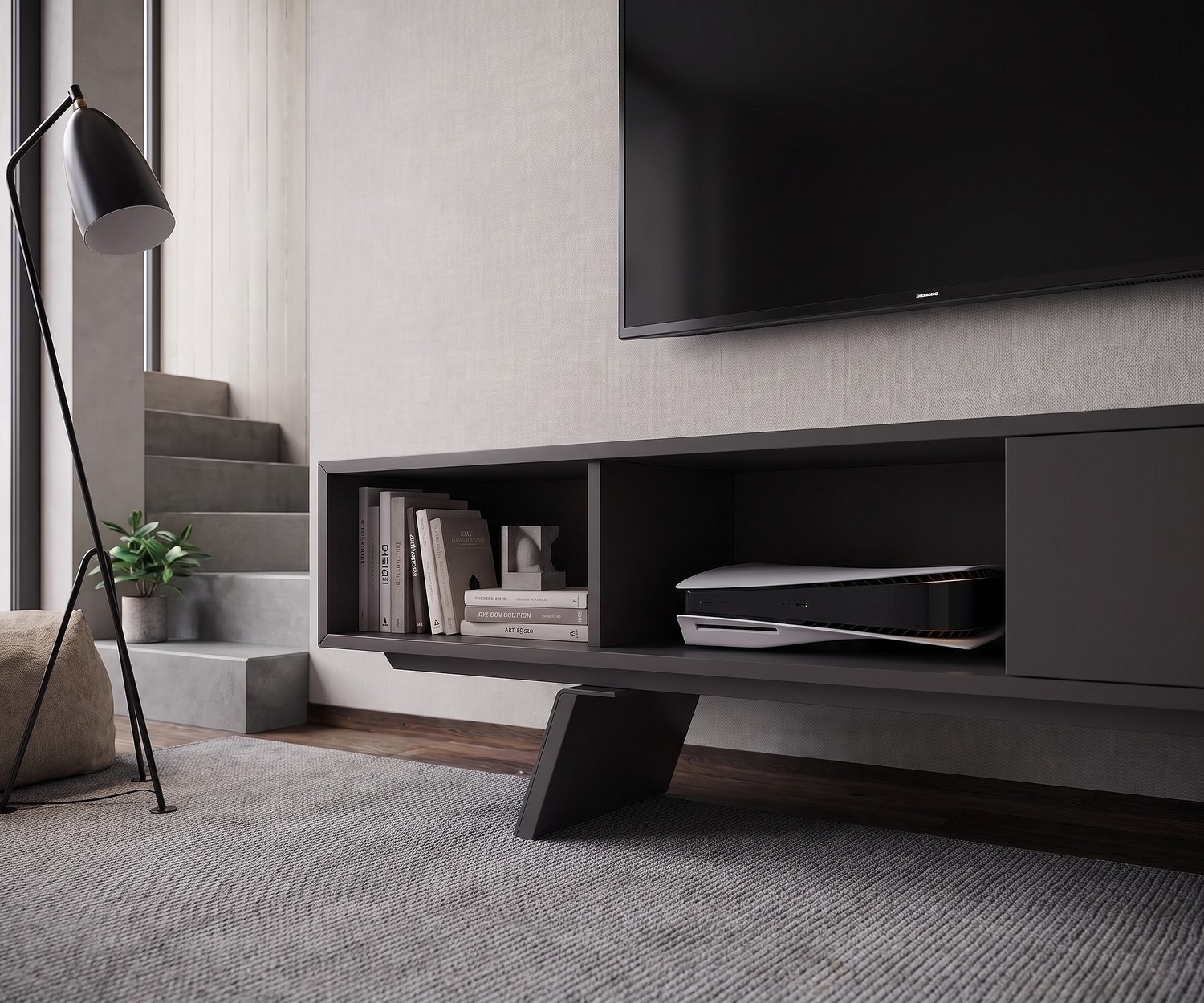 Mobile porta TV basso al2 e-klipse 005 in un soggiorno moderno. Lowboard grigio scuro di design con vani a giorno.