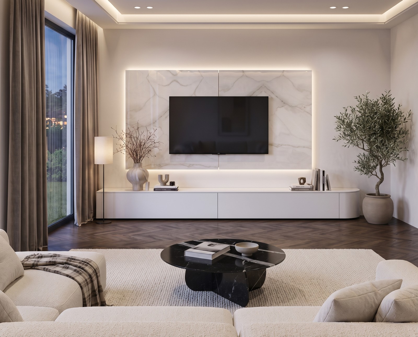 TV Paneel Keramik Weiß B 240 cm mit Fernseher im Wohnzimmer TV Paneel Keramik Weiß B 240 cm mit Fernseher im Wohnzimmer