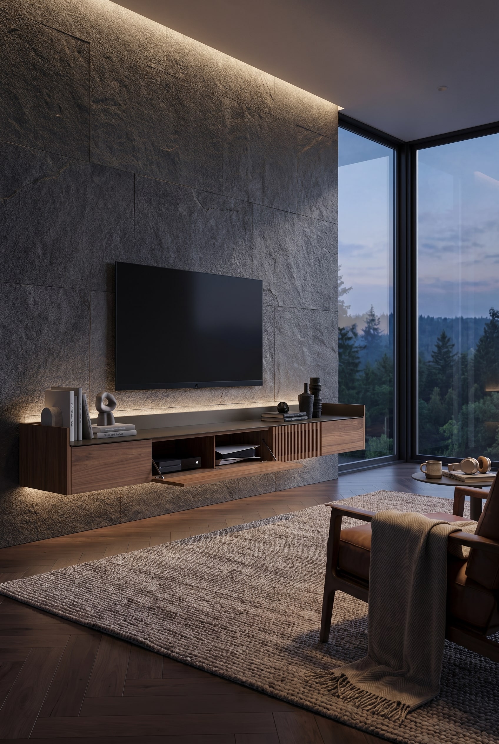 Ein schwebendes, mattschwarzes Lowboard mit einer Klappt&uuml;r aus dunklem Akustikstoff h&auml;ngt unter einem Wand-OLED-Fernseher.