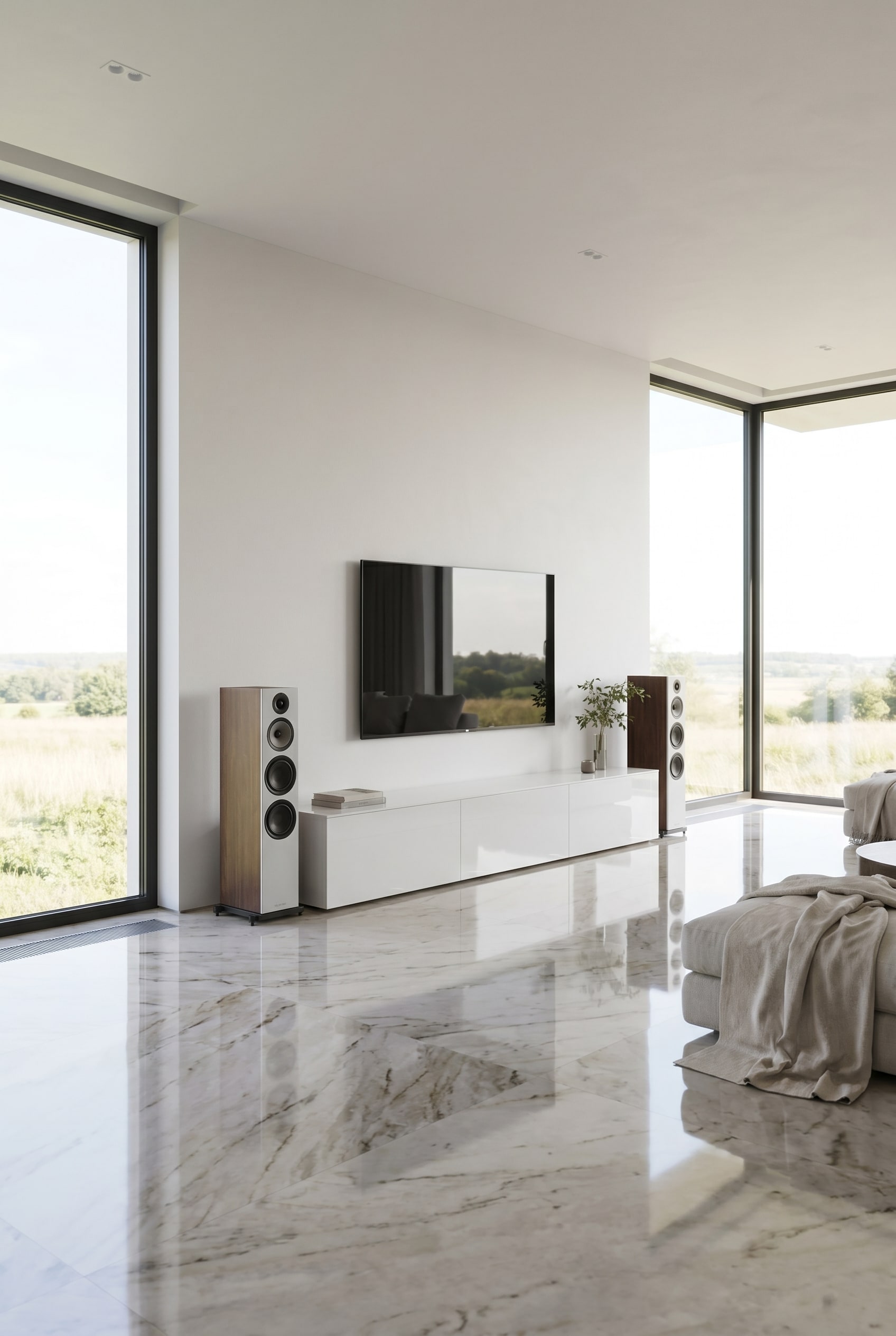 Weitläufiges Wohnzimmer mit langem, weißem Hochglanz-Lowboard und perfekt symmetrisch platzierten High-End Lautsprechern