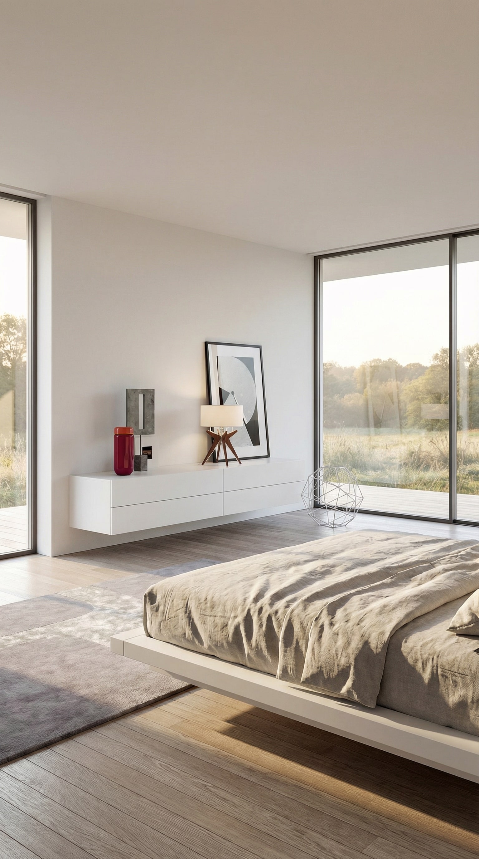 Cassettiera sospesa bianca e minimalista con 4 cassetti, che fluttua sulla parete in una stanza moderna. Cassettiera sospesa bianca e minimalista con 4 cassetti, che fluttua sulla parete in una stanza moderna.