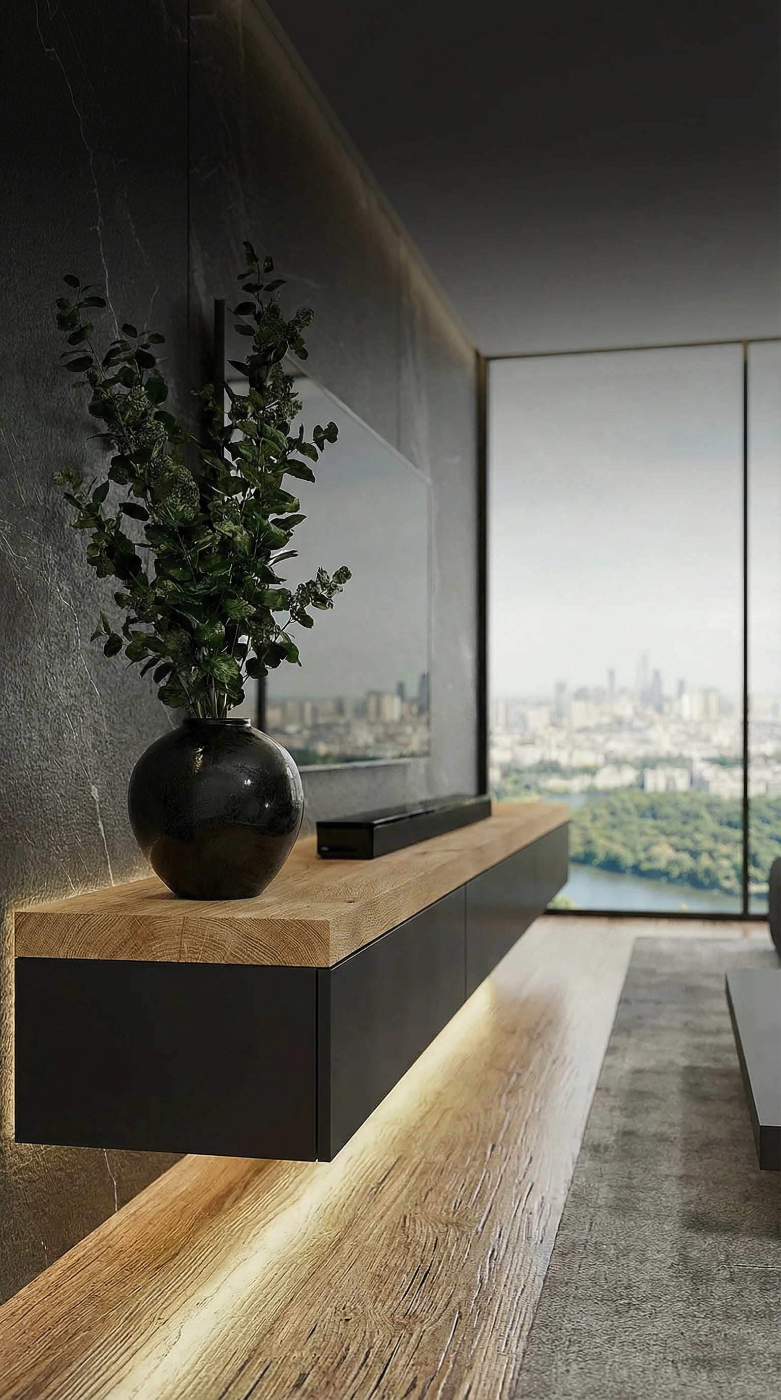 Madia di design con piano spesso in legno di rovere e corpo scuro