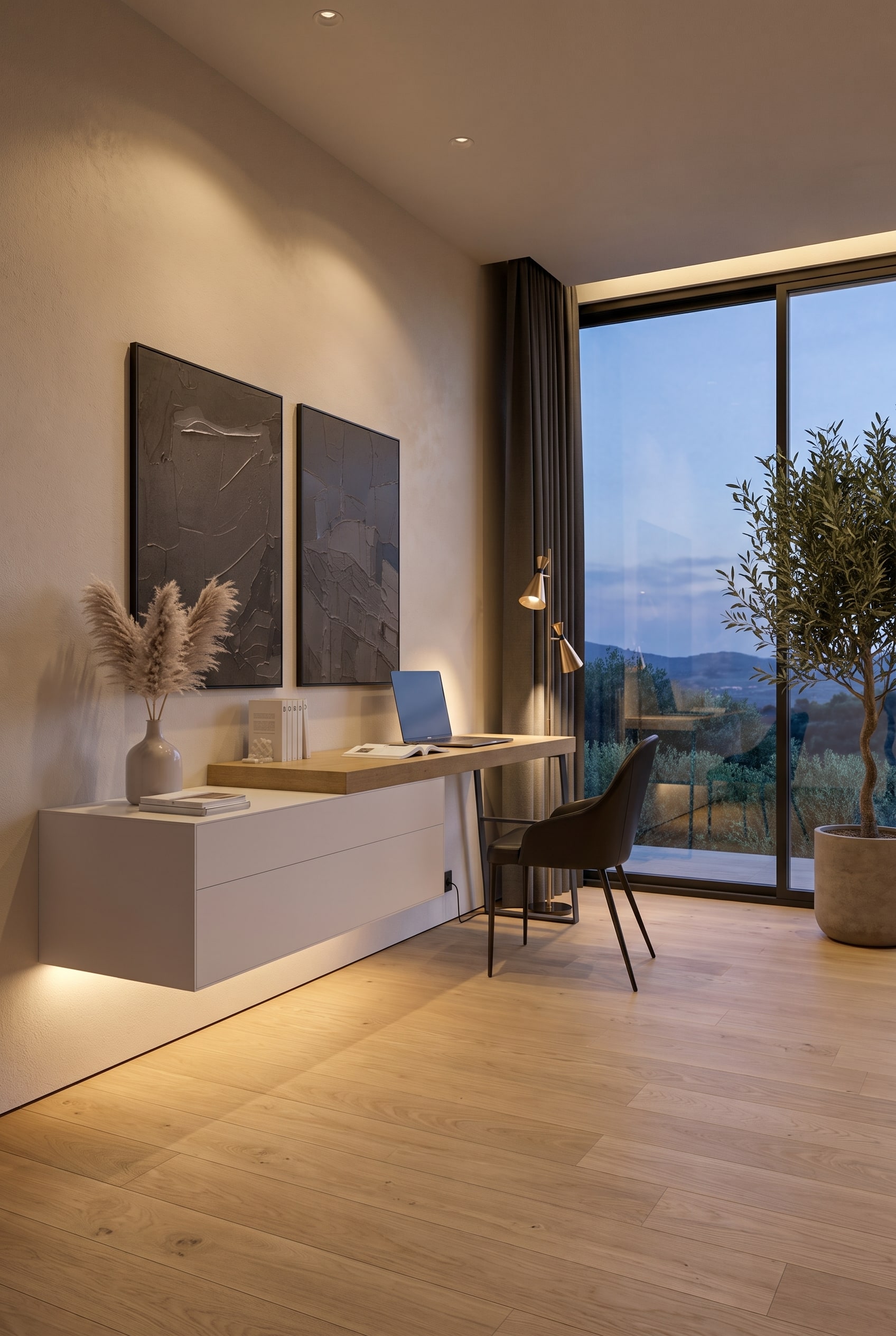 Modernes Arbeitszimmer mit schwebender Wandkommode Modernes Arbeitszimmer mit schwebender Wandkommode