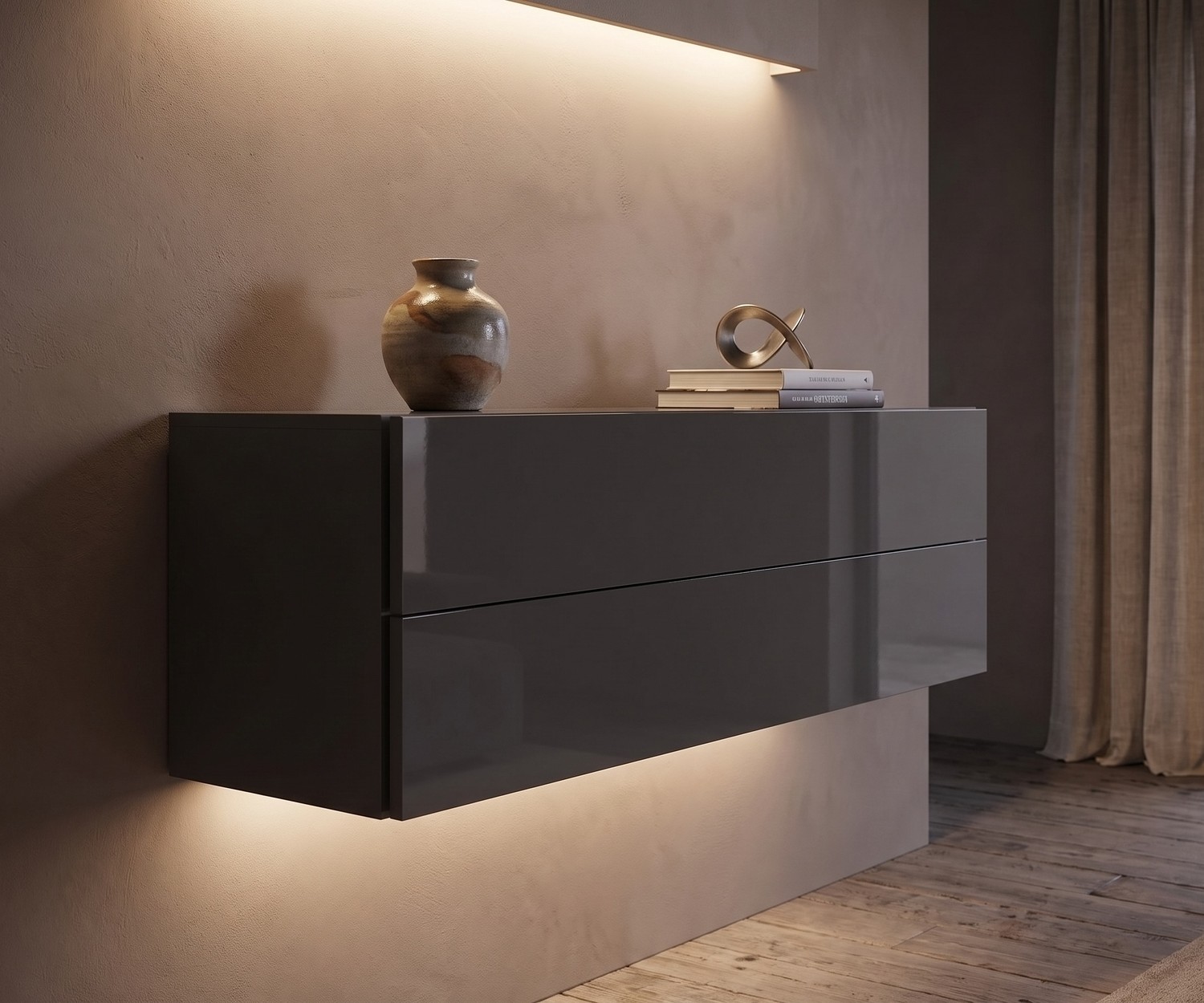 Cassettiera sospesa Novamobili Easy grigio quarzo Cassettiera sospesa Easy di Novamobili per soggiorno in grigio quarzo lucido, moderno mobile sospeso con luci LED