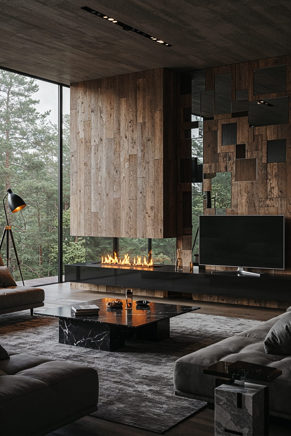 mobili-da-soggiorno-moderni-con-superfici-scure-e-color-legno-e-camino-elettrico-ardente