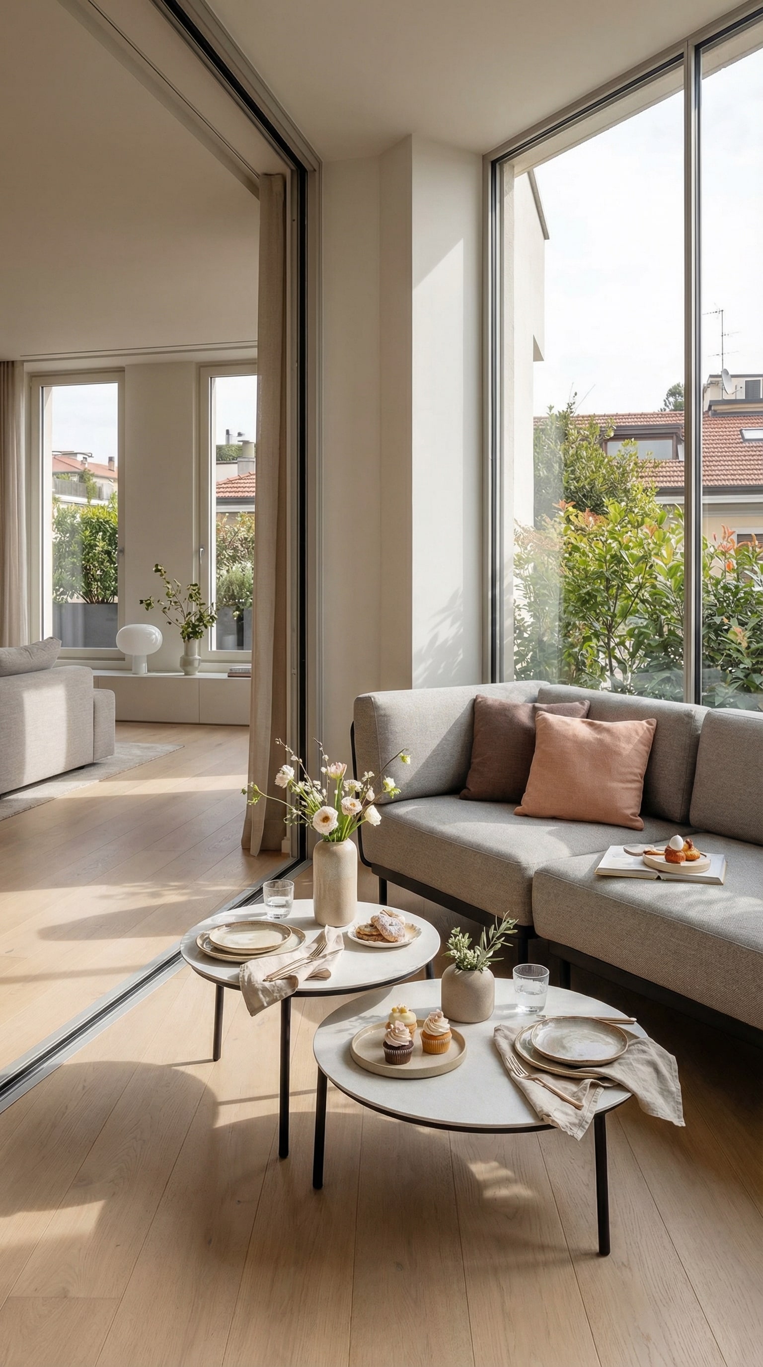Elegante tavolino da esterno su un balcone urbano con grandi finestre
