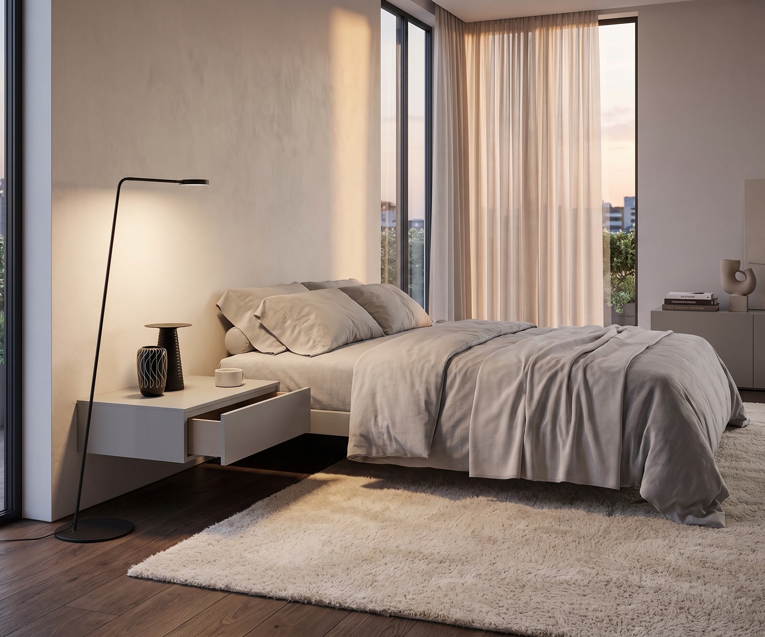 Comodino sospeso Novamobili Easy con 1 cassetto Comodino sospeso Novamobili Easy 1 in camera da letto moderna, grigio chiaro, design senza maniglia con cassetto aperto.