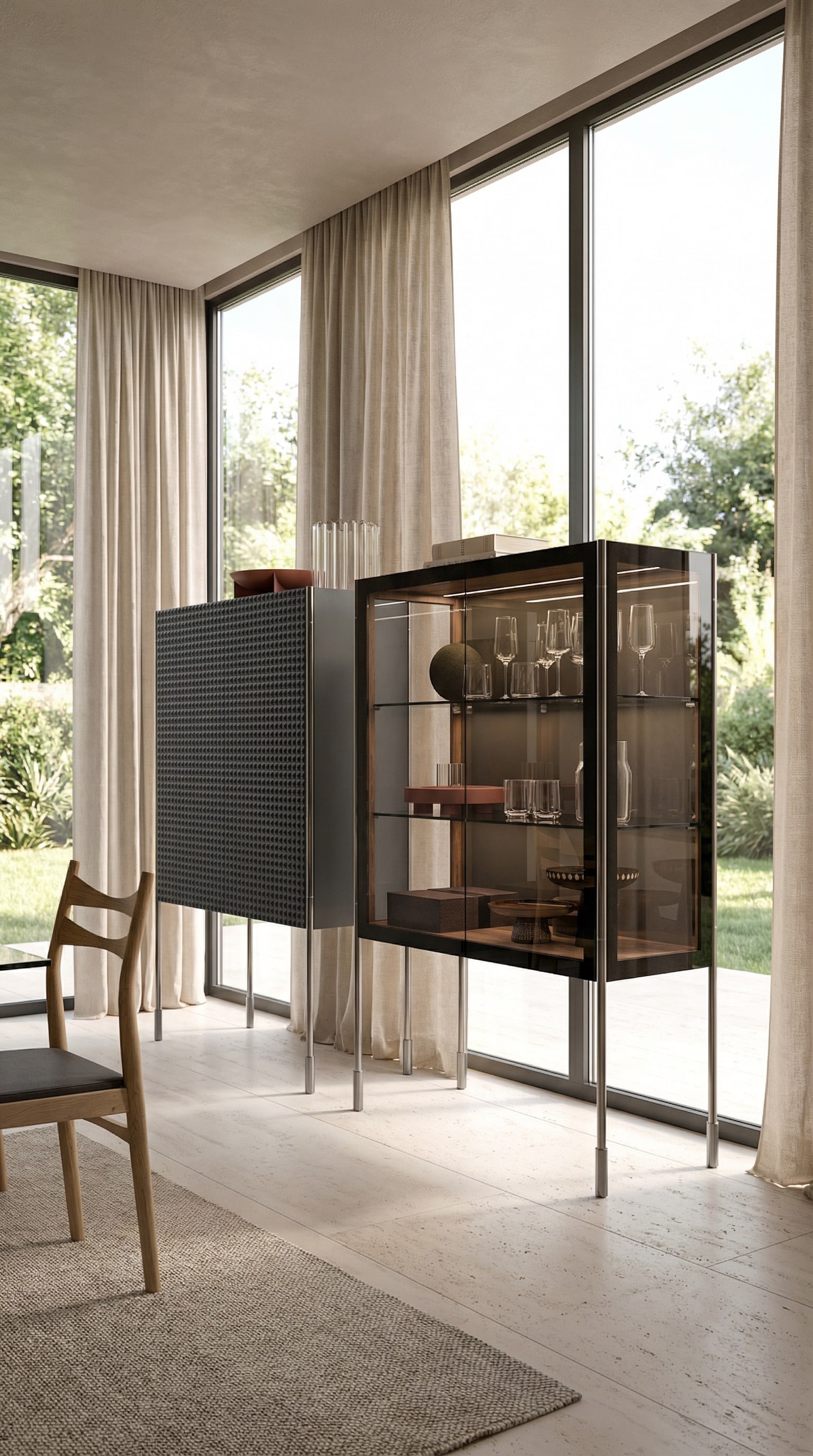 Highboard nero combinato con un'elegante vetrina in vetro in una stanza luminosa