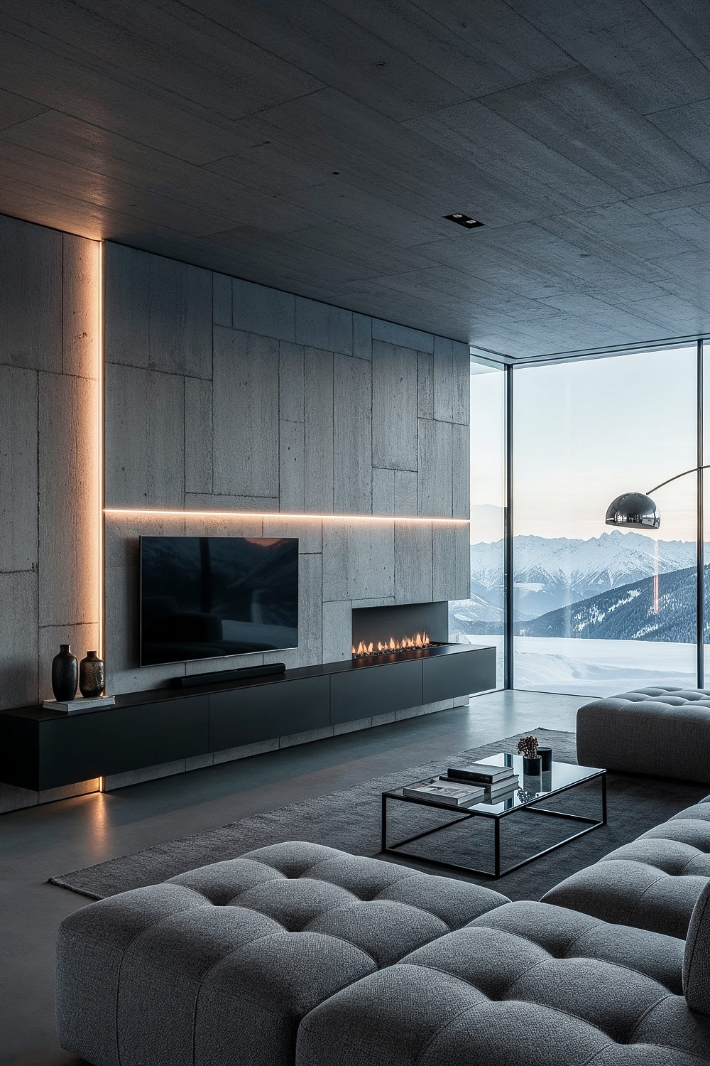 soggiorno-arredato-in-modo-minimalista-e-confortevole-con-lowboard-nero-e-divano-grigio-trapuntato