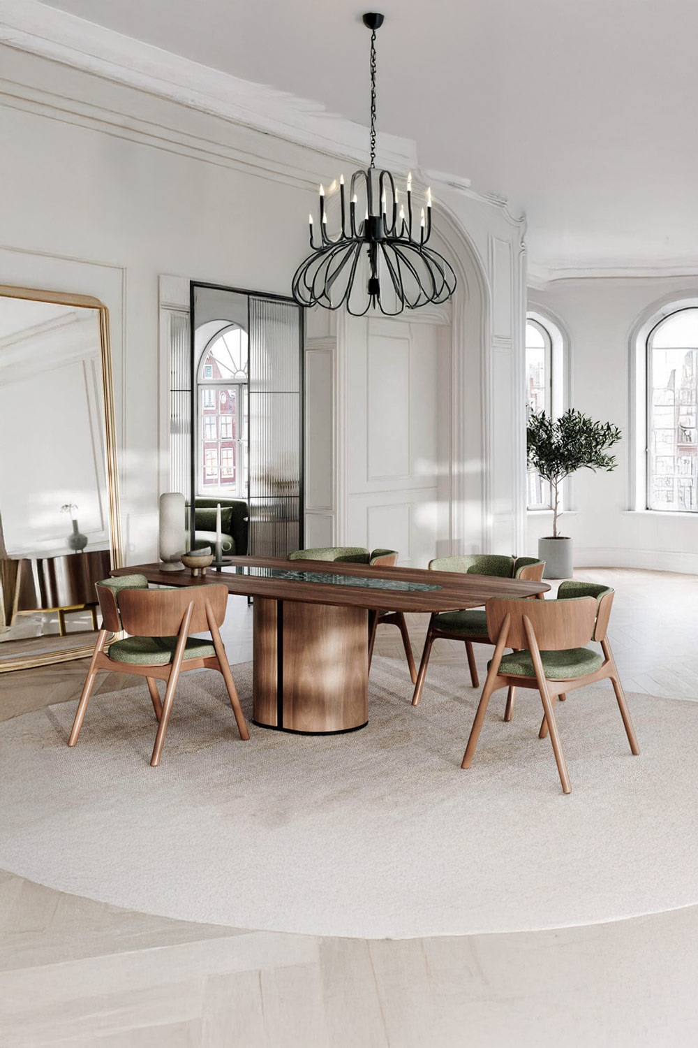 tavolo-da-pranzo-stravagante-con-piano-in-legno-e-ceramica-combinati-sotto-un-moderno-lampadario-e-circondato-da-sedie-in-legno