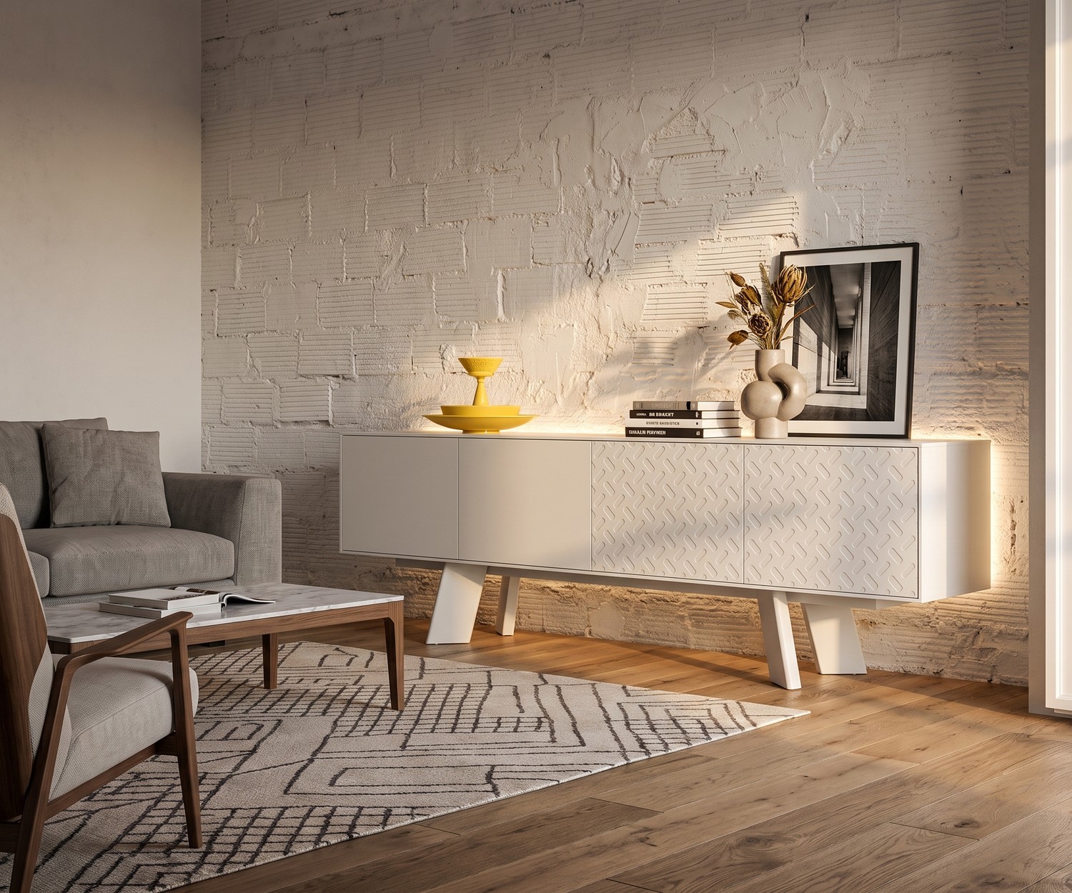 Credenza bianca di design al2 Alhambra 003 Credenza al2 Alhambra 003 in soggiorno. Madia bianca di design con ante a rilievo e gambe in legno in stile moderno.