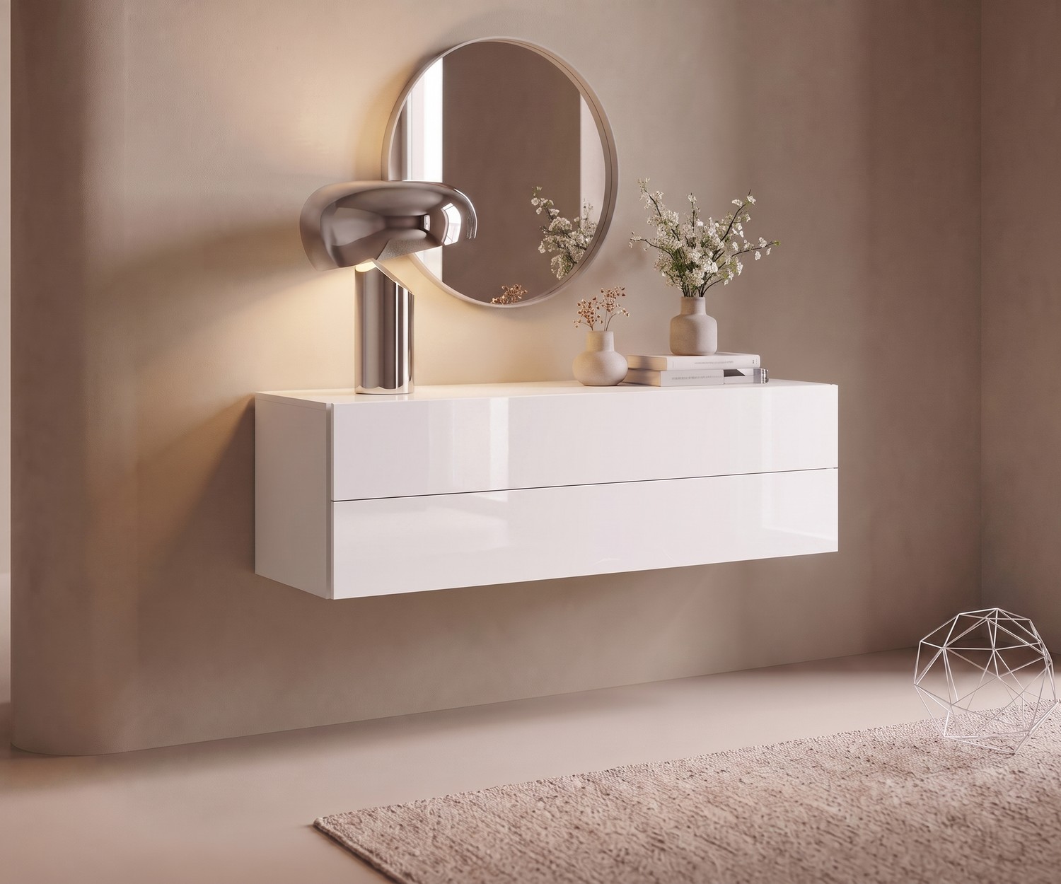Cassettiera sospesa Novamobili Easy per l'ingresso, bianco lucido, stile moderno e minimalista con specchio rotondo.