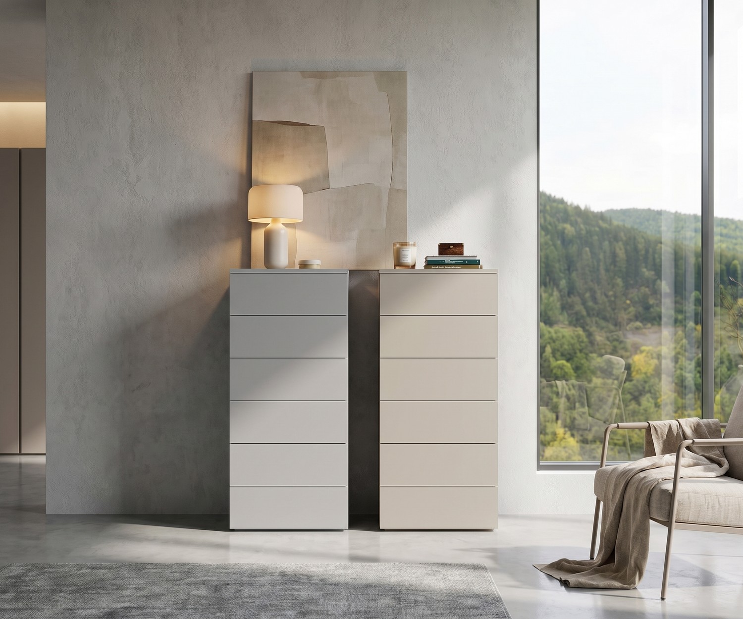Settimanale alto minimalista Livitalia Atena Settimanale alto Atena di Livitalia per camera da letto, cassettiere minimaliste a 6 cassetti in bianco e beige, moderno.