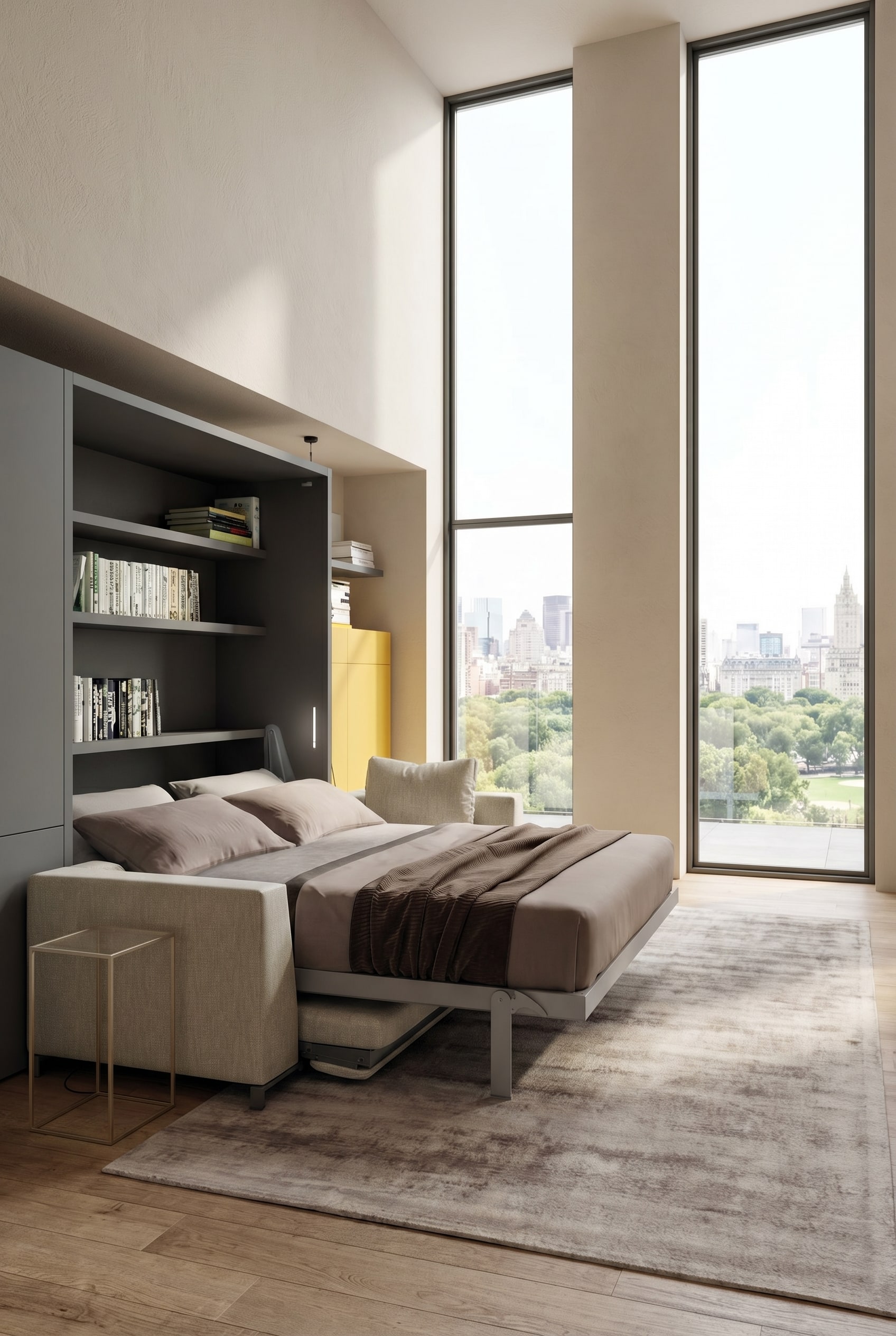 Un moderno soggiorno in stile Modern Italian Luxury con un letto a scomparsa aperto e divano integrato in tonalità chiare. Un moderno soggiorno in stile Modern Italian Luxury con un letto a scomparsa aperto e divano integrato in tonalità chiare.