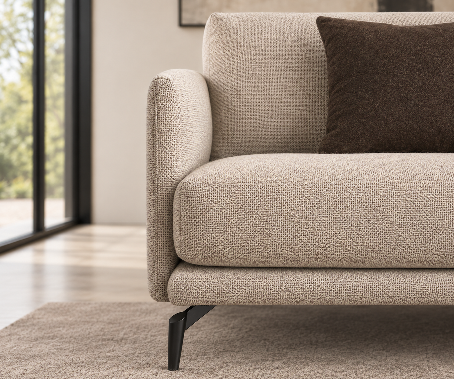 sofa-lisbora-2-sitzer-198-cm-beige-stoff-schwarze-metallfuesse-frontansicht-ohne-couchtisch