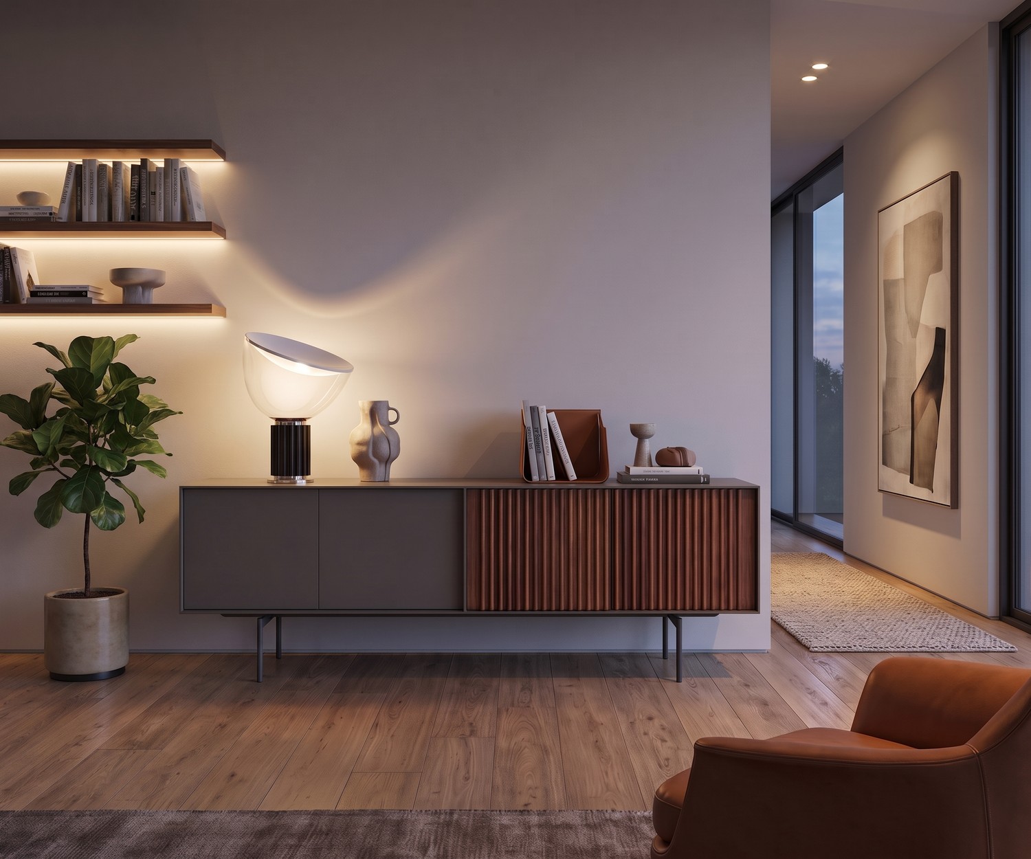 Credenza di design al2 ka-bera 003 B con doghe in legno Credenza al2 ka-bera 003 B in soggiorno. Madia di design grigio opaco con ante a doghe in legno.