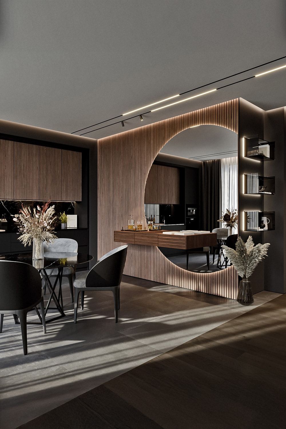 sala-da-pranzo-moderna-con-tavolo-da-pranzo-sedie-da-pranzo-cassettiera-e-scaffale-a-parete-in-materiali-diversi