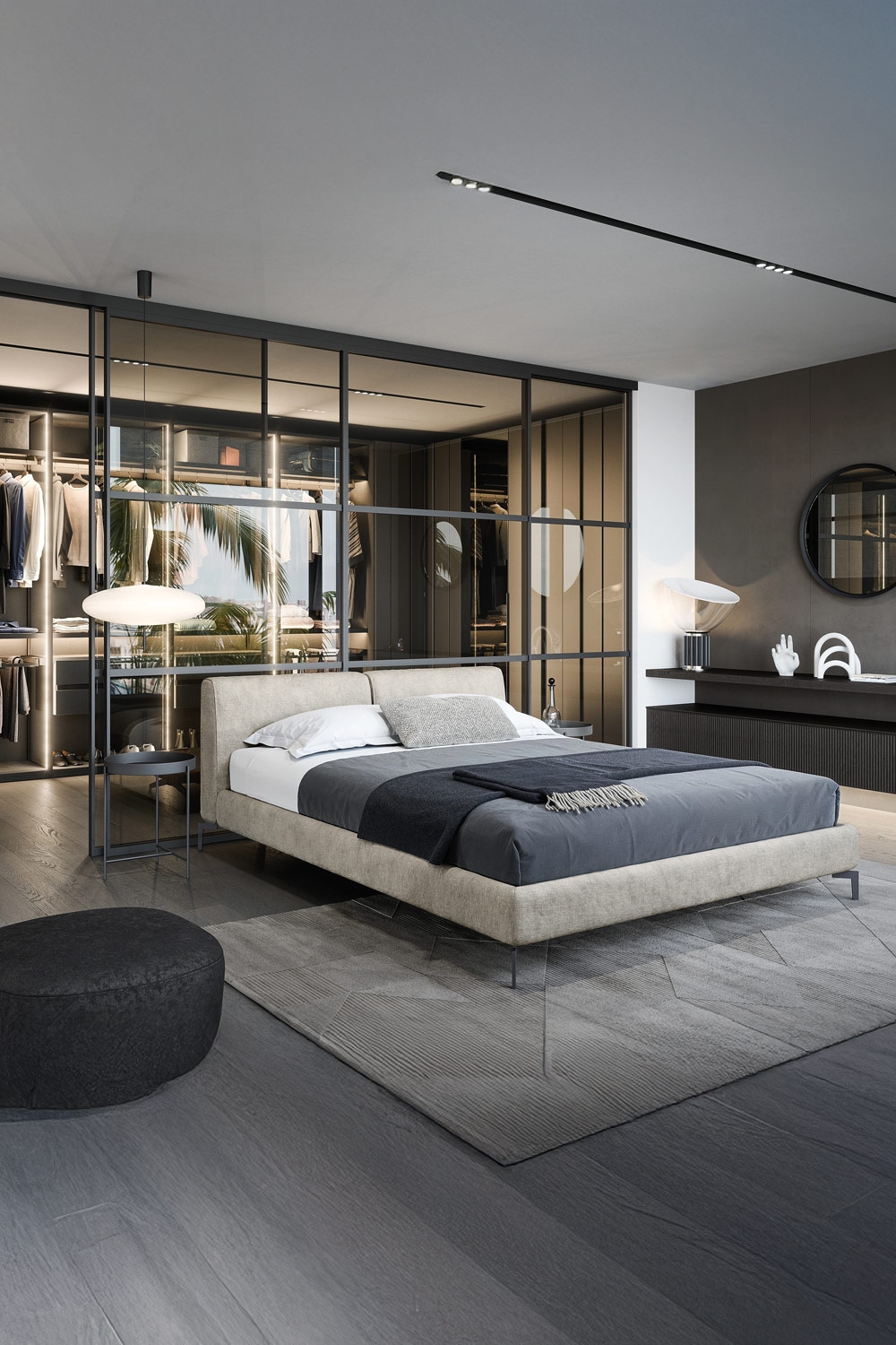 camera da letto arredata in modo trendy con un'atmosfera ariosa e leggera grazie a un armadio a muro e un letto con piedini sottili