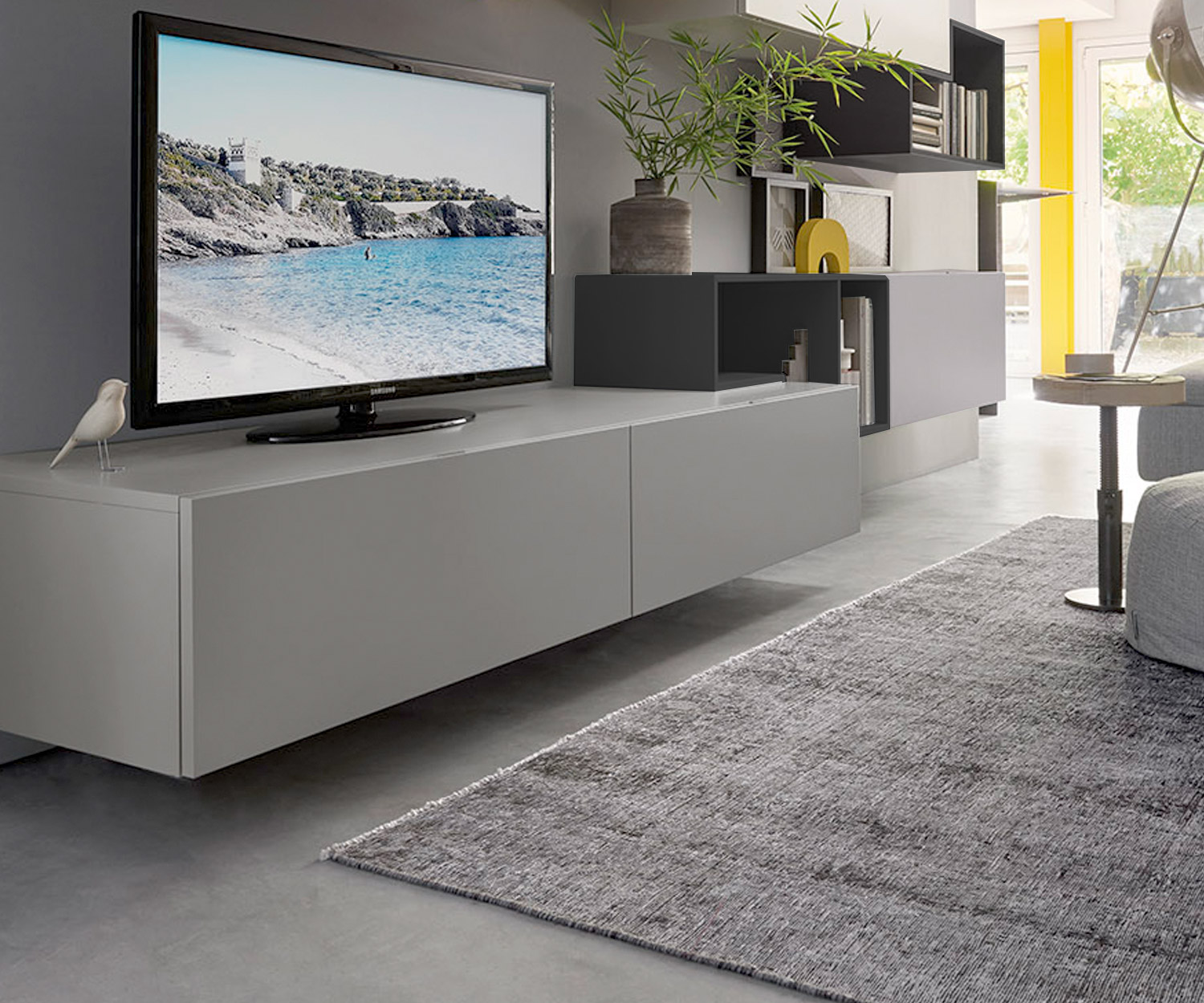 Parete attrezzata design Tetris C19 con mobile basso design TV in laccato grigio opaco