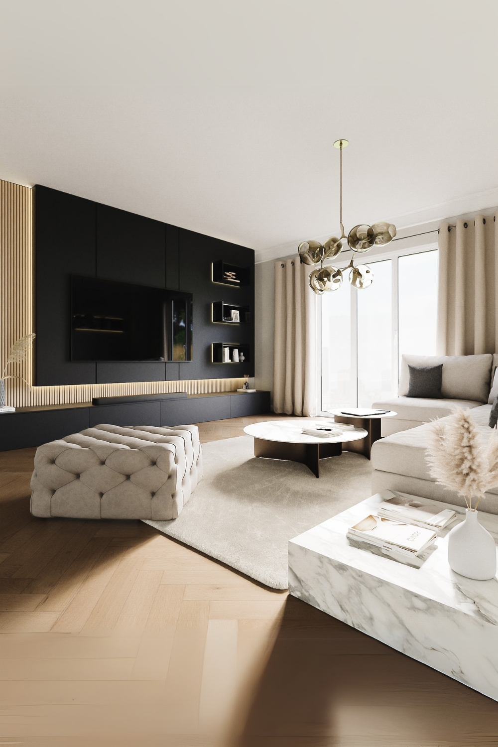 soggiorno-di-design-in-beige-e-grigio-con-divano-pouf-tavolini-e-parete-attrezzata