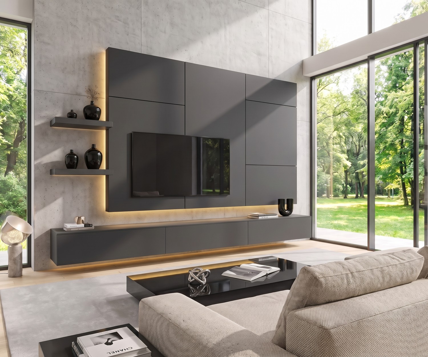 Parete attrezzata moderna Livitalia C102 Parete attrezzata TV Livitalia C102: Mobile TV sospeso moderno grigio antracite con luci LED e mensole per soggiorno.