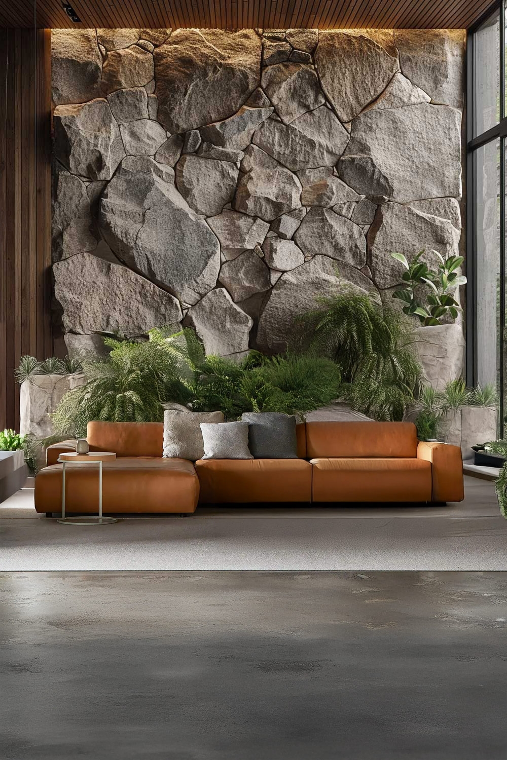 divano-in-pelle-color-cognac-davanti-a-una-parete-effetto-pietra-con-dettagli-vegetali-verdi