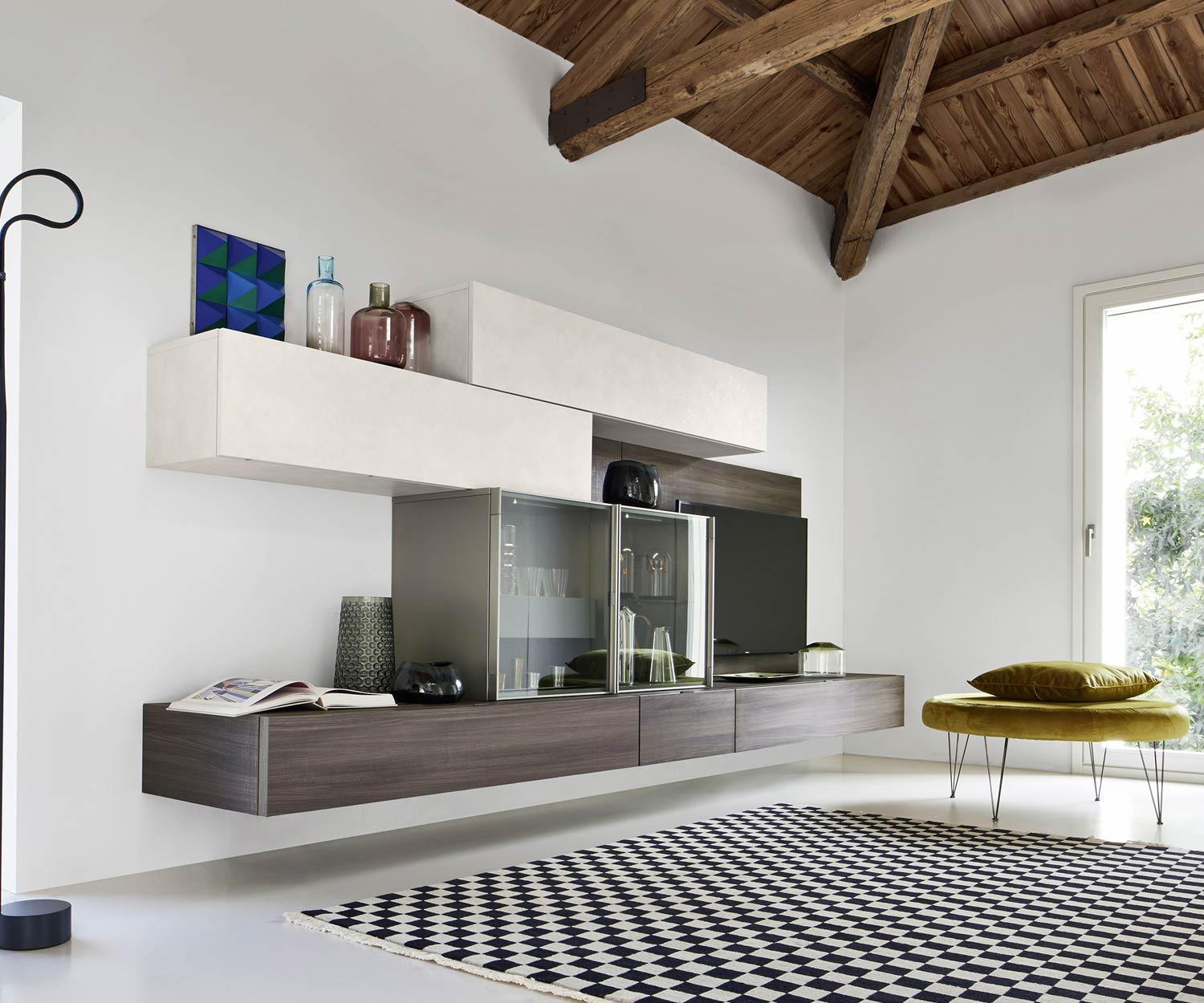 Esclusivo pensile di design Livitalia C35 in olmo con mobile in vetro Esclusivo pensile di design Livitalia C35 in olmo con mobile in vetro