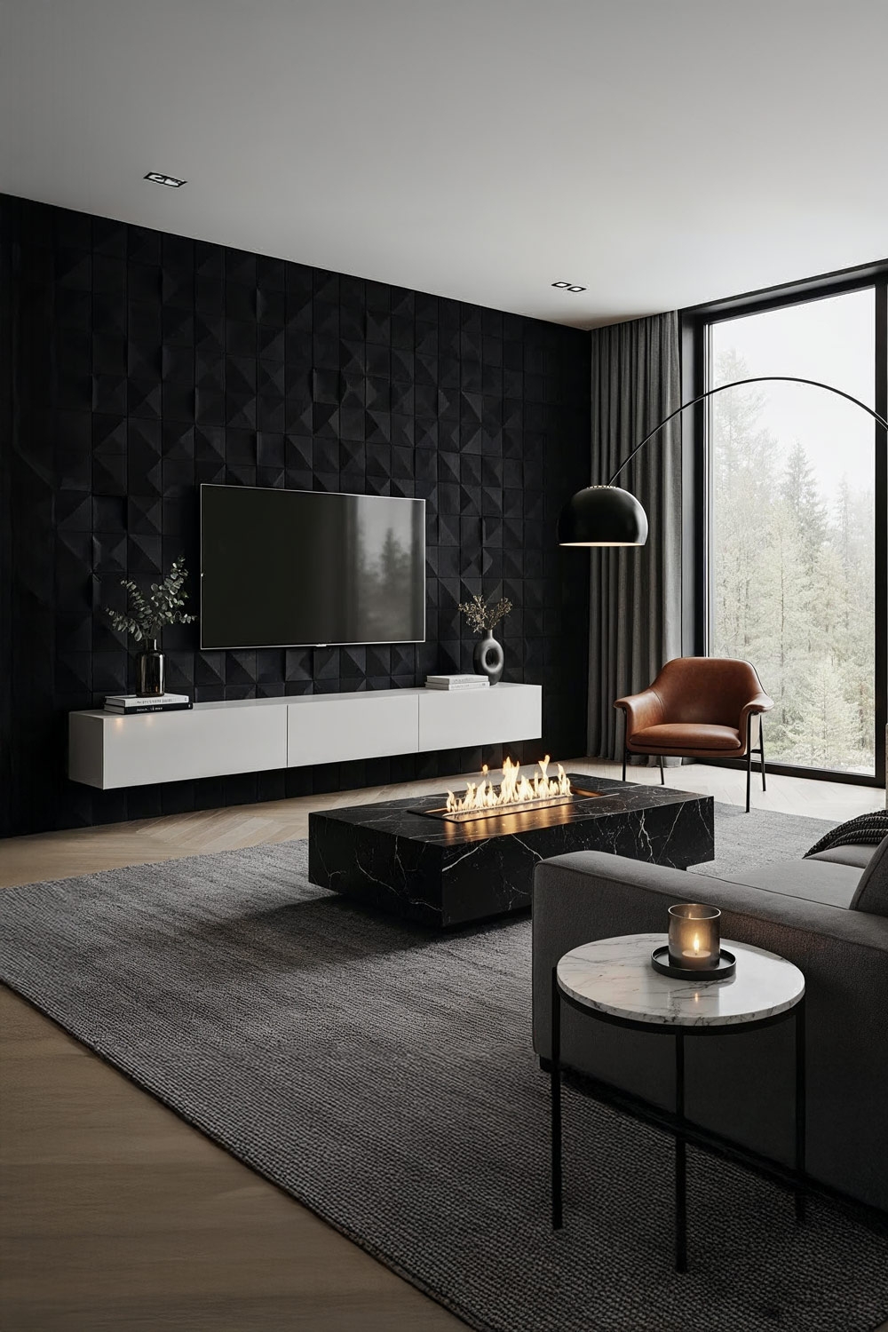 pannello 3D nero come parete TV accentuata