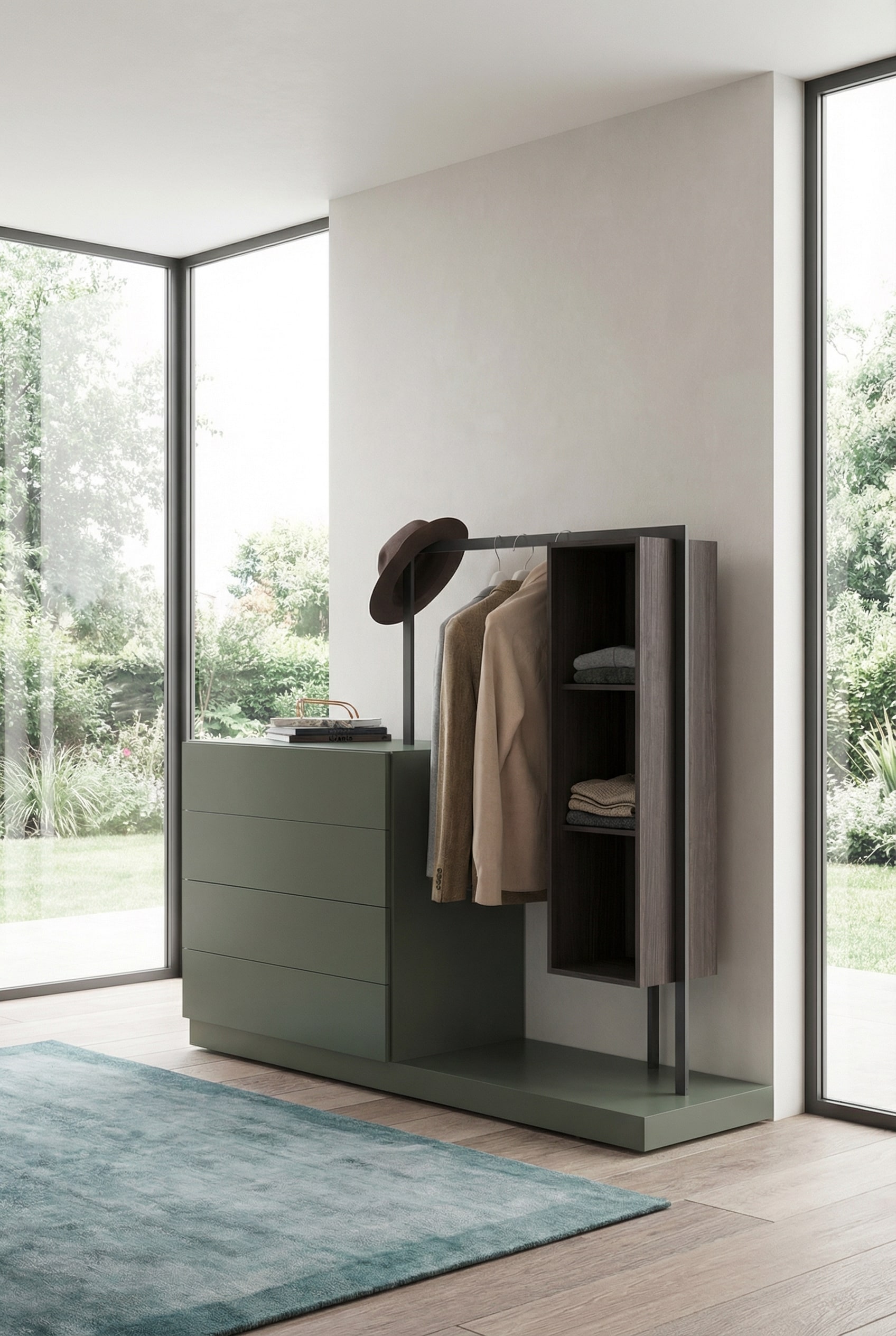 Com&ograve; Novamobili Easy 4 con guardaroba integrato in un concetto di camera da letto aperta.