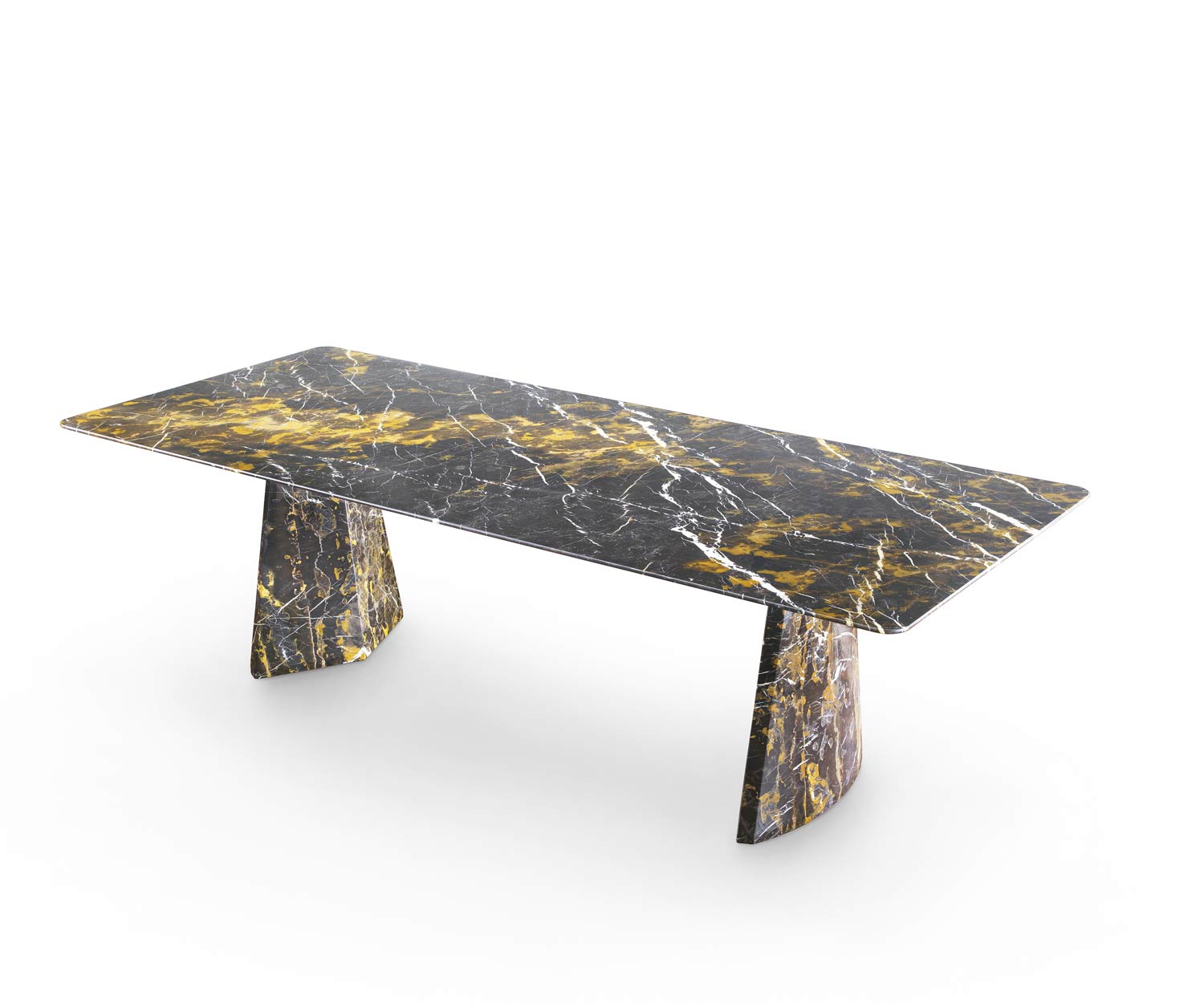 Lussuoso tavolo da pranzo in marmo Marelli Hebo oro e nero con due gambe