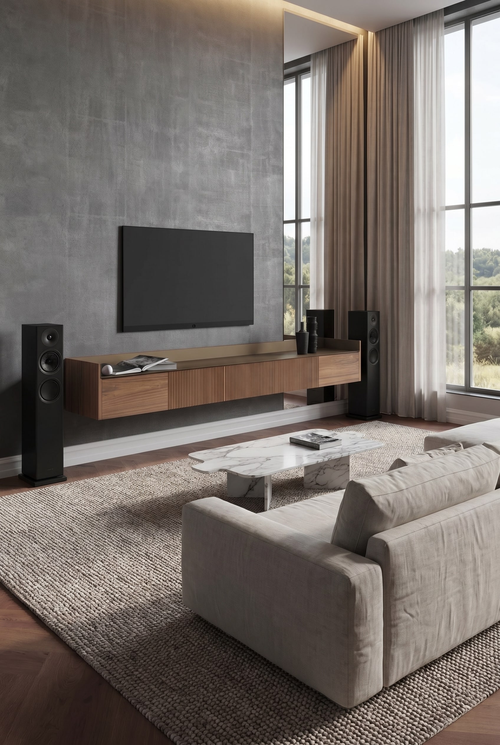 Modernes Wohnzimmer mit wandhängendem TV Sideboard in Nussbaum und schwarzen Standlautsprechern im warmen Abendlicht
