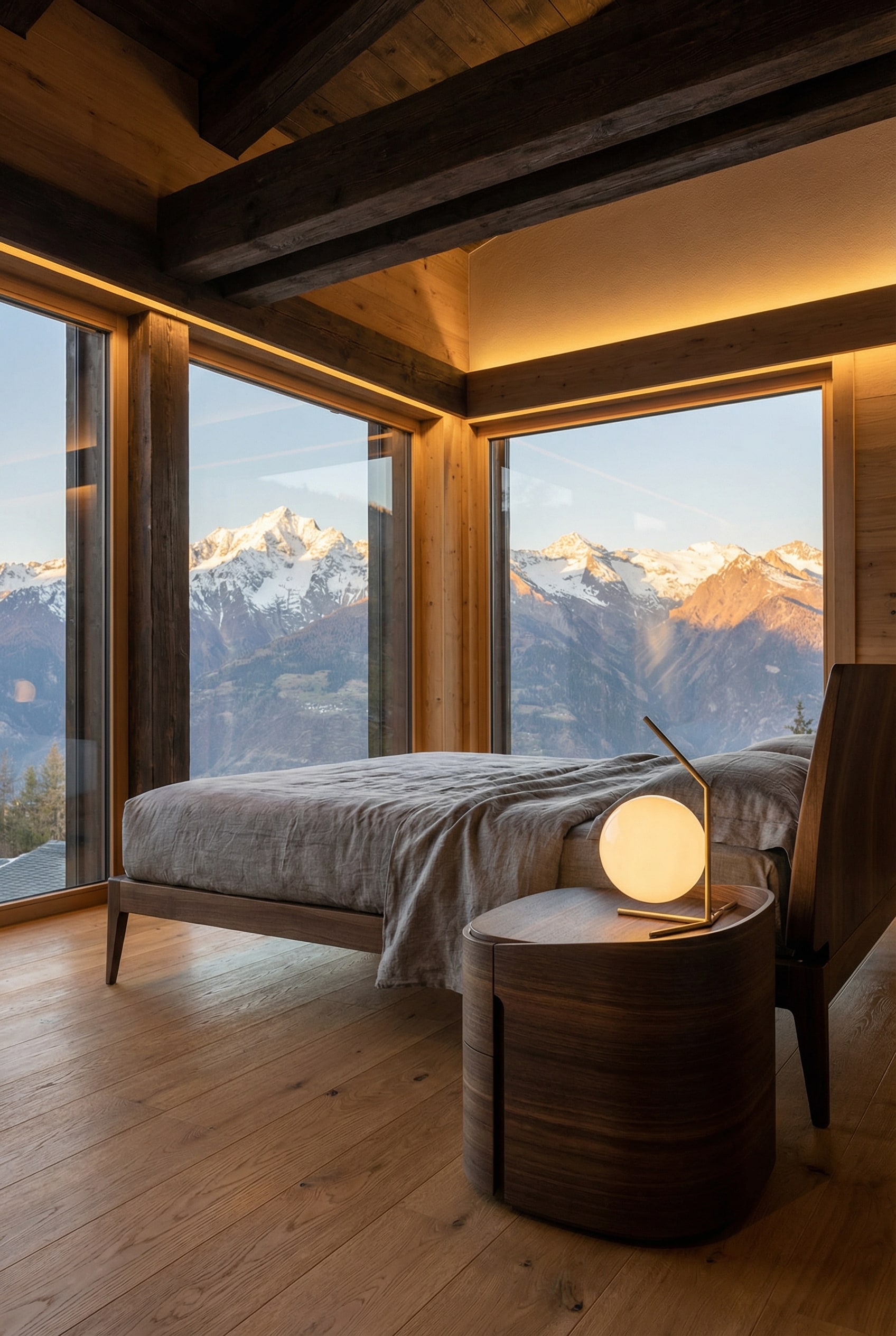 Livitalia Nachtschrank Round in una camera da letto luminosa con grandi finestre